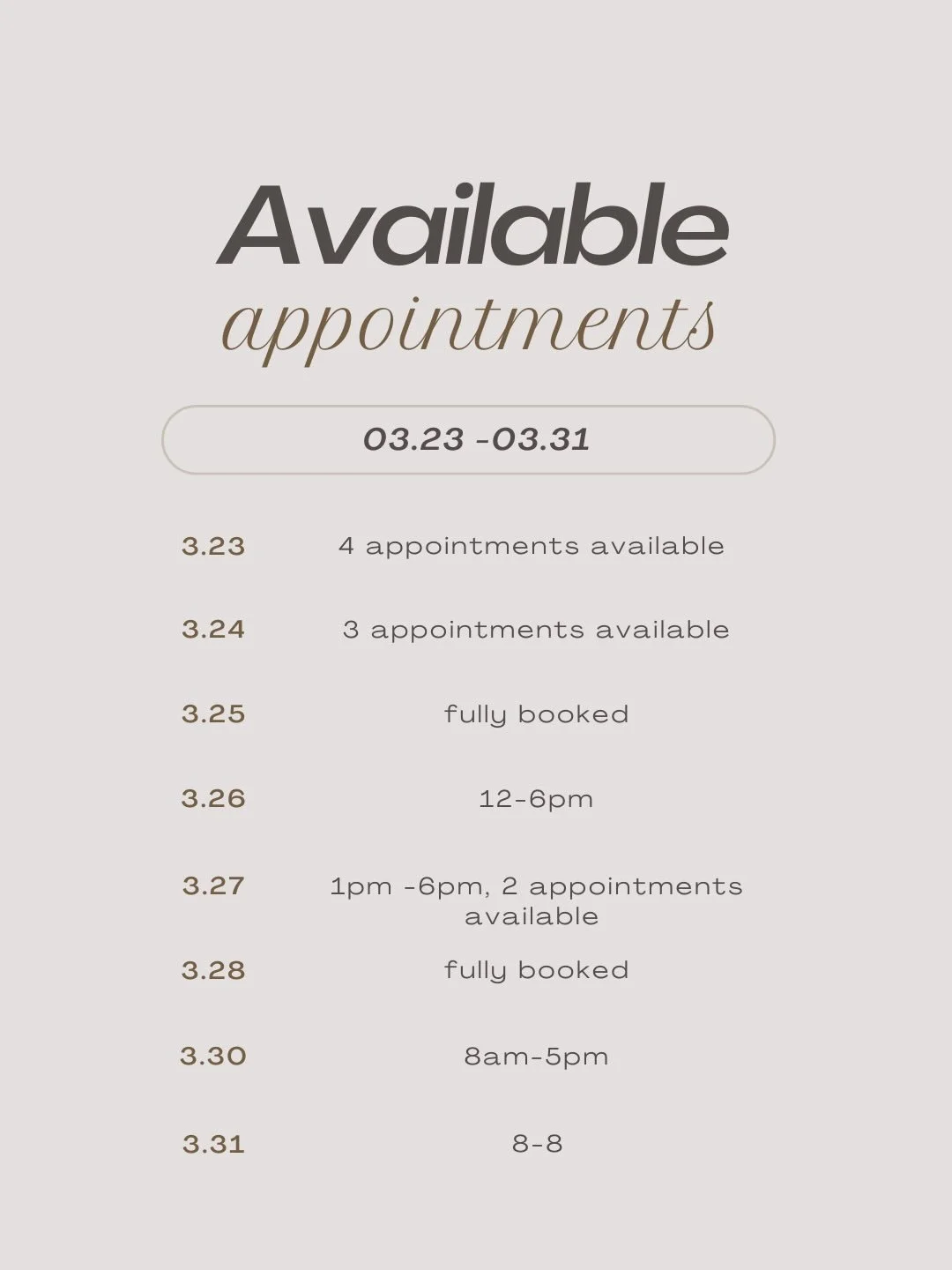 Appointments are filling up fast ✨

I&rsquo;ve had a few of you reach out about availability, so here&rsquo;s a quick update my books are officially open for the next two weeks and spots are going quickly!

If you&rsquo;ve been thinking about booking