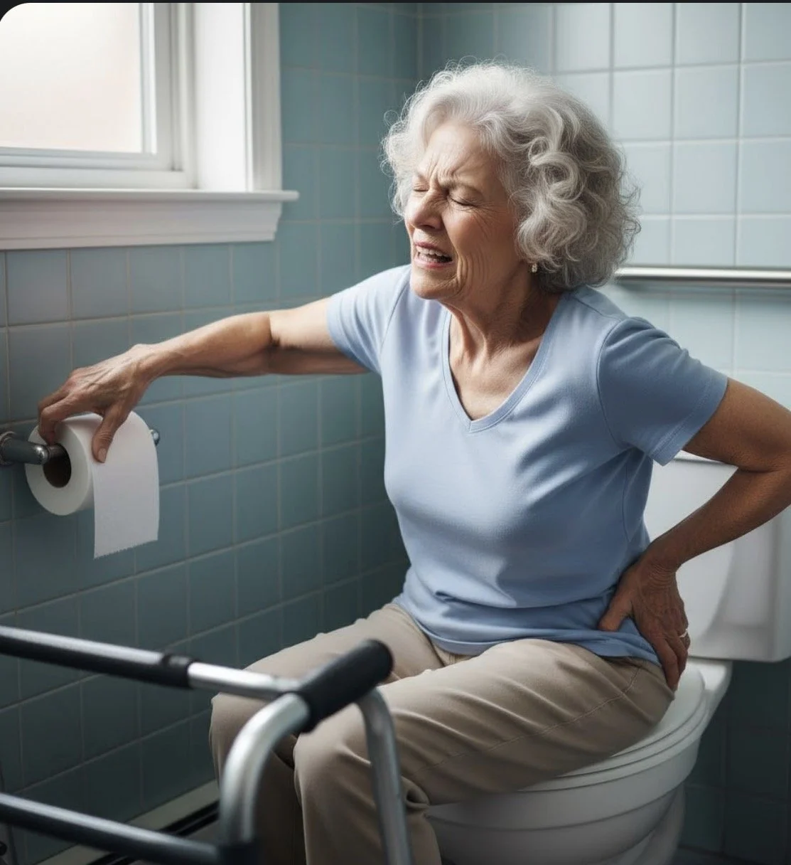 An elderly woman sitting on a toilet, grimacing and holding her lower back, with a roll of toilet paper in her hand and a walker nearby.