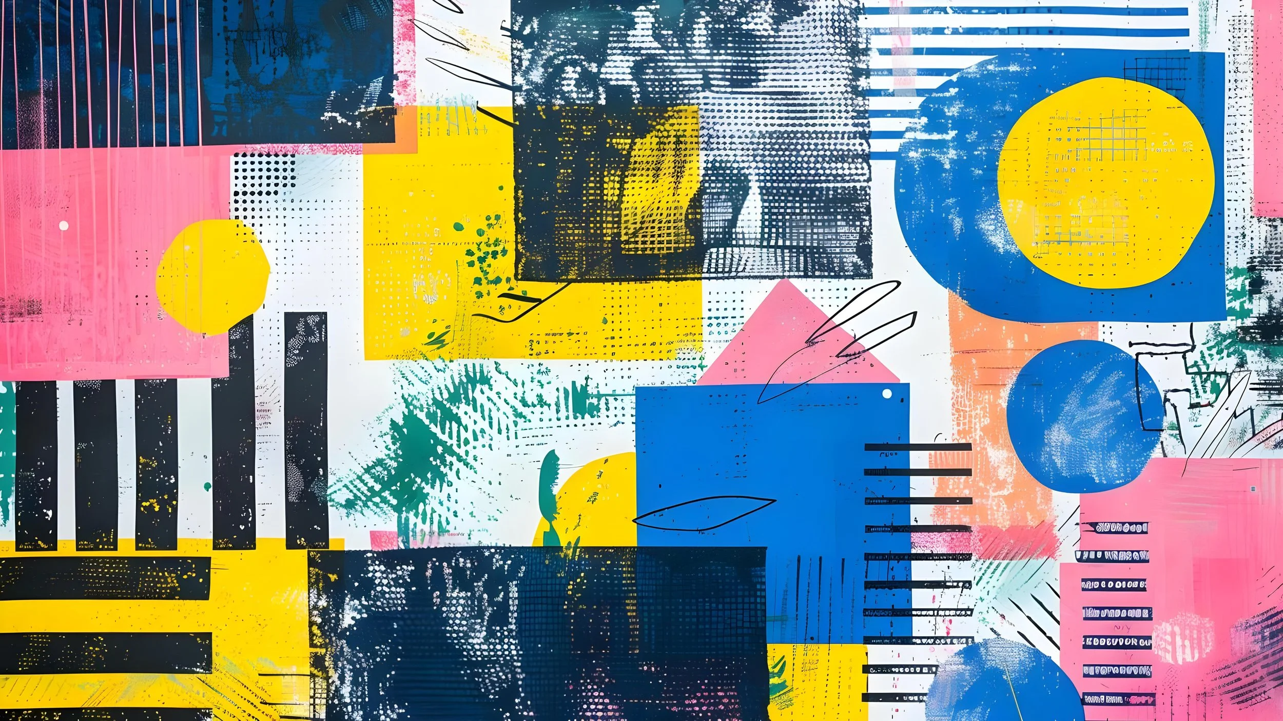 Abstract colorful artwork with various shapes including circles, rectangles, and lines in pink, yellow, blue, black, and white, featuring textured patterns and brush strokes.