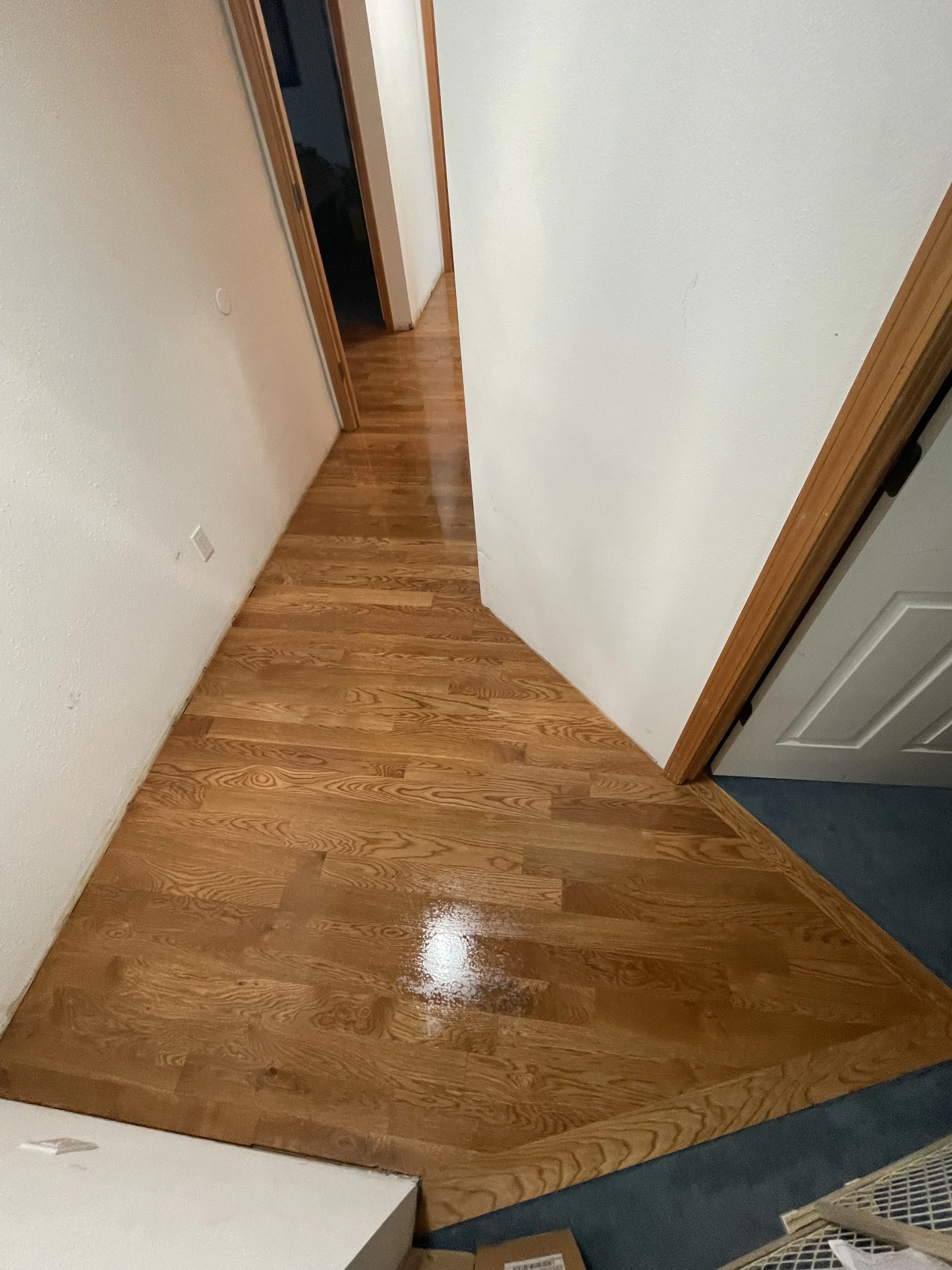 A hallway with wooden flooring, with a door open to a carpeted room on the right, and another doorway leading to a darker room at the end.