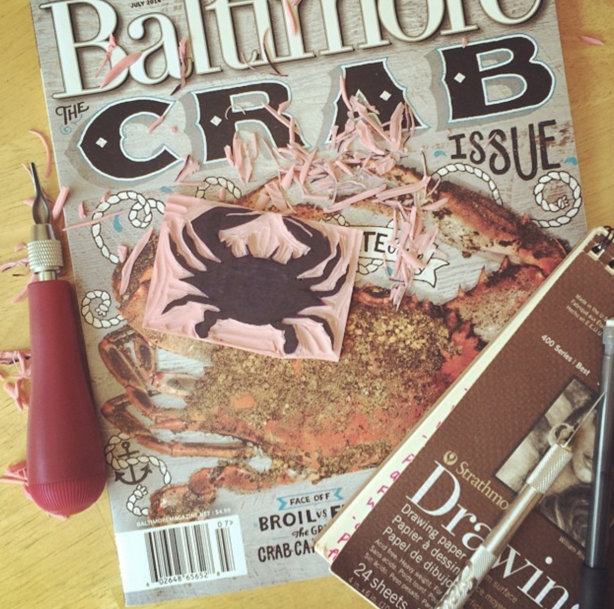  Carving a linocut printing block in Bethany Beach, 2014 (once I realized the mason jars most likely weren’t going to catch on, I tried something else!) 