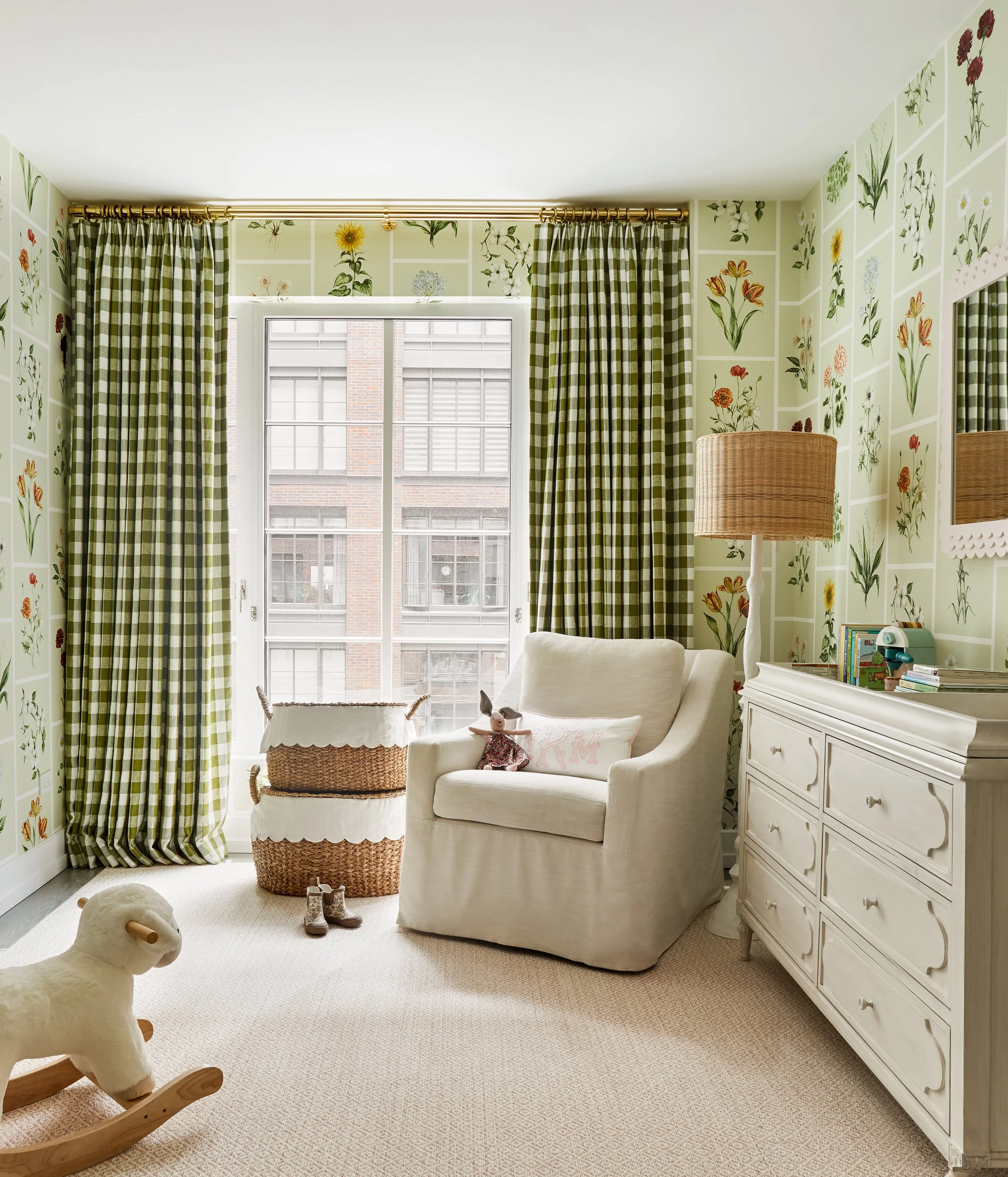 Green and White Baby Nursery with Botanical Wallpaper by Jennifer Hunter