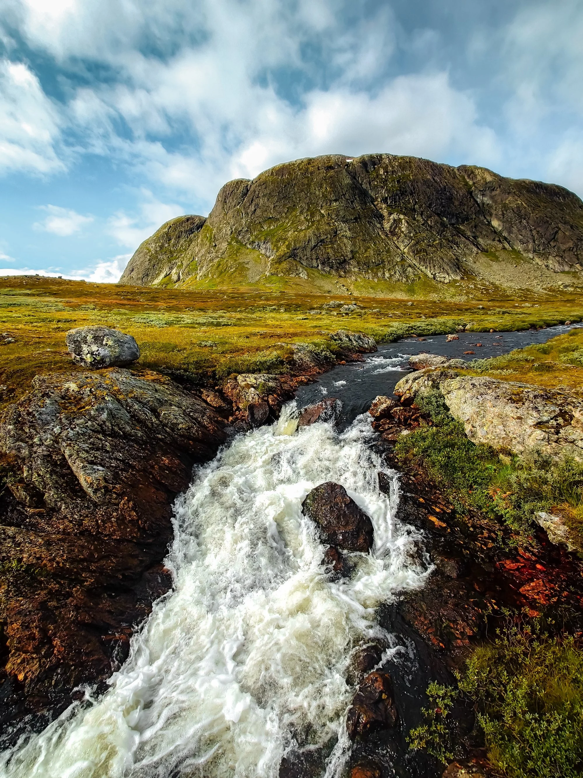 A mountain landscape with a rushing river flowing over rocks, grassy terrain, and a large rocky mountain in the background under a partly cloudy sky.