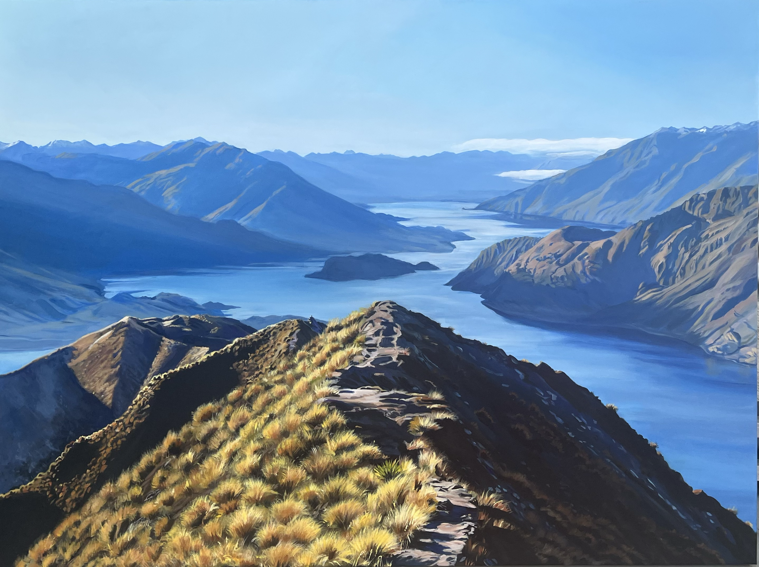 A painting of a mountain landscape with a river flowing through the valleys. The scene includes tall mountains, a narrow ridge with grass and shrubs, and a bright blue sky.