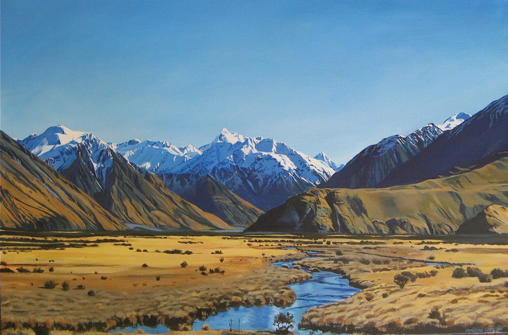 A scenic painting of a mountain range with snow-capped peaks, a blue sky, and a grassy valley with a winding river.