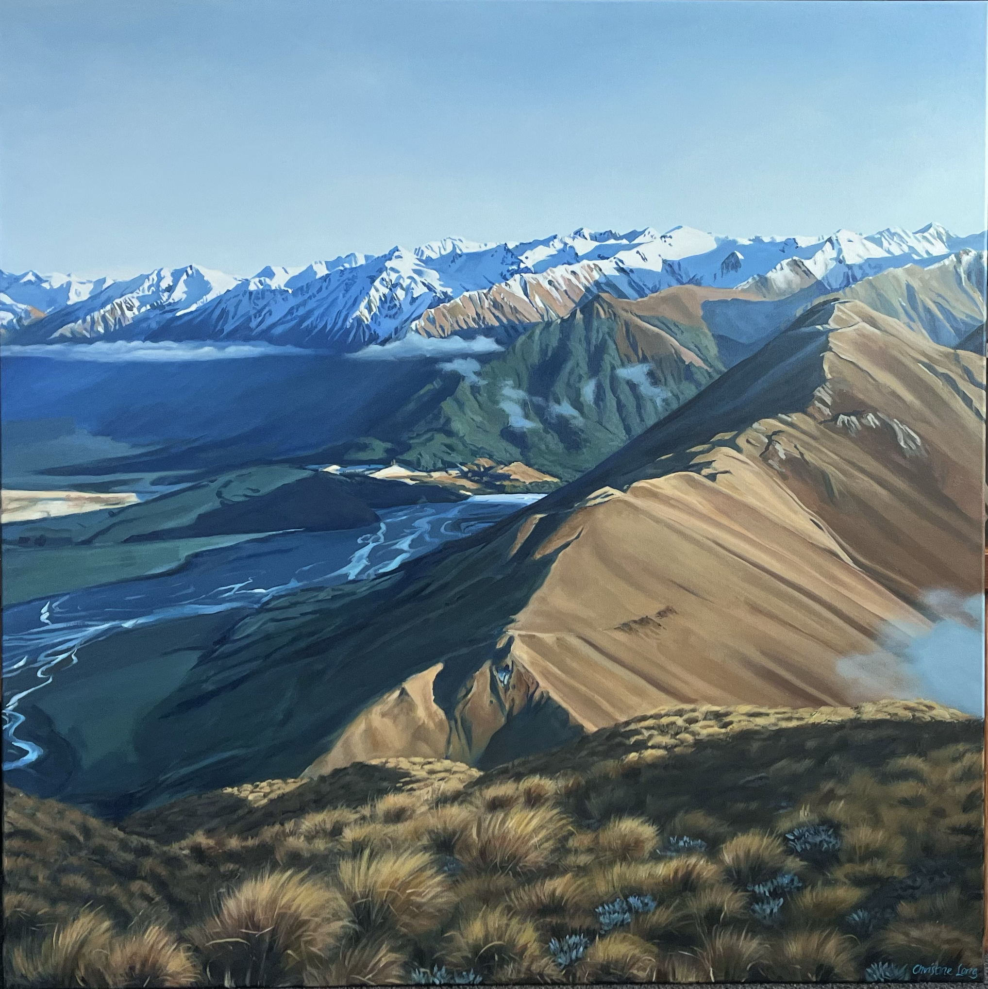 Painted landscape of mountains, with snow-capped peaks in the background, green hills in the midground, and dry, brown hills in the foreground with grasses and shrubs.