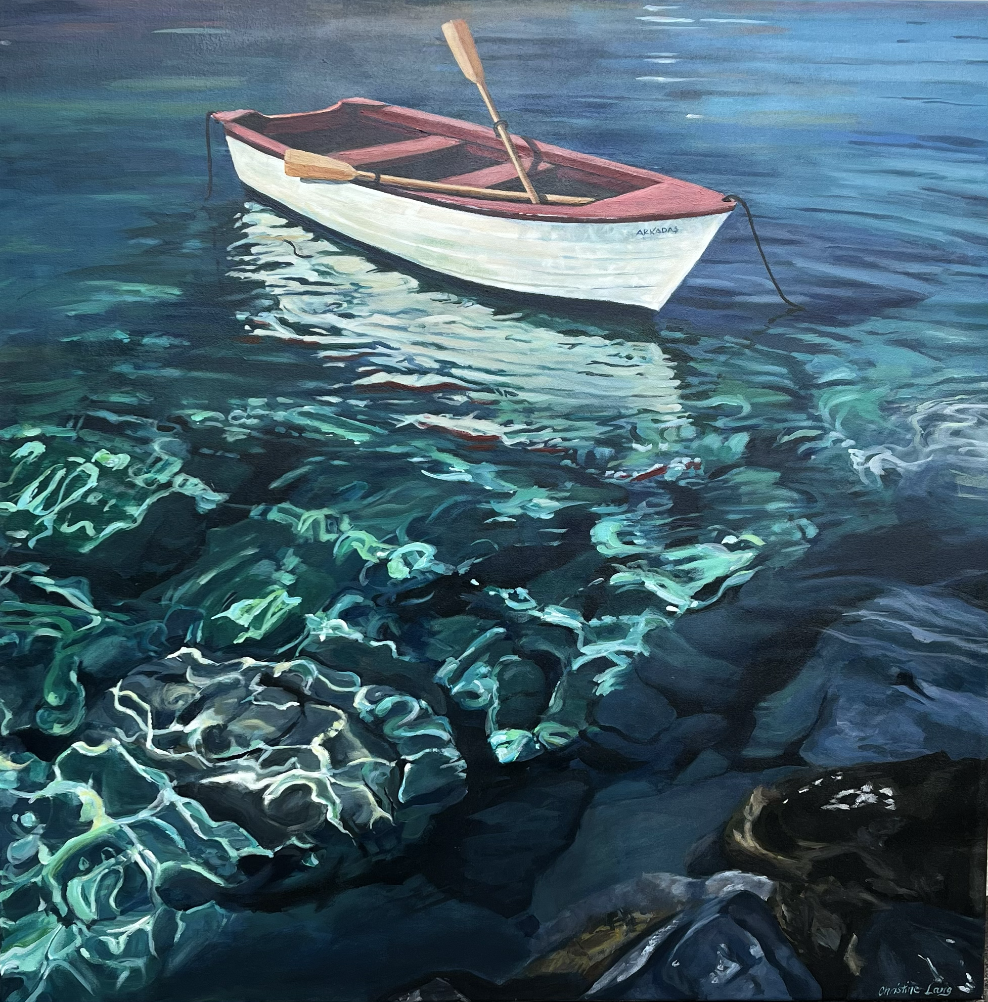 A painting of a small rowboat floating on clear blue water, with visible rocks and fish underneath.