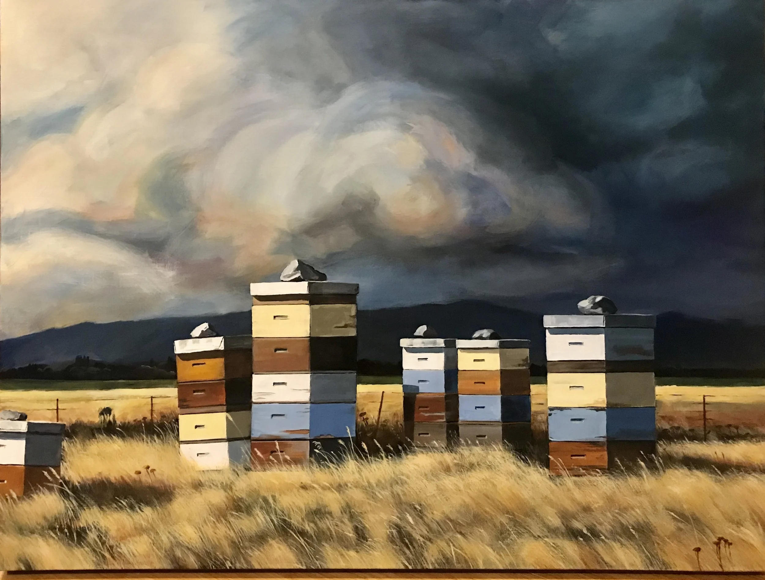 Painting of a field with multiple beehives under a cloudy sky.