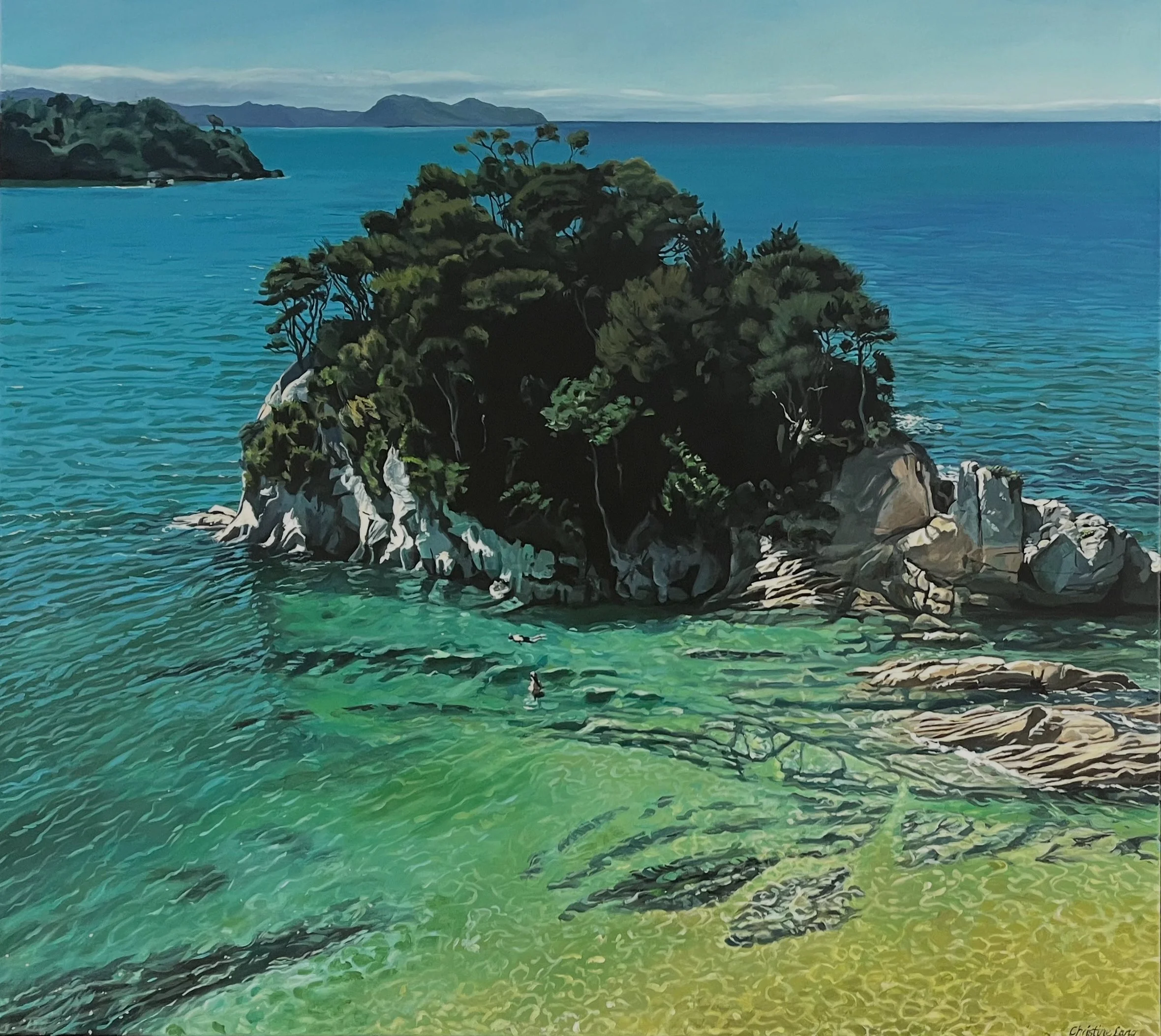 Painted landscape of a small, rocky island covered with dense green trees, surrounded by turquoise waters, with distant hills and a blue sky in the background.