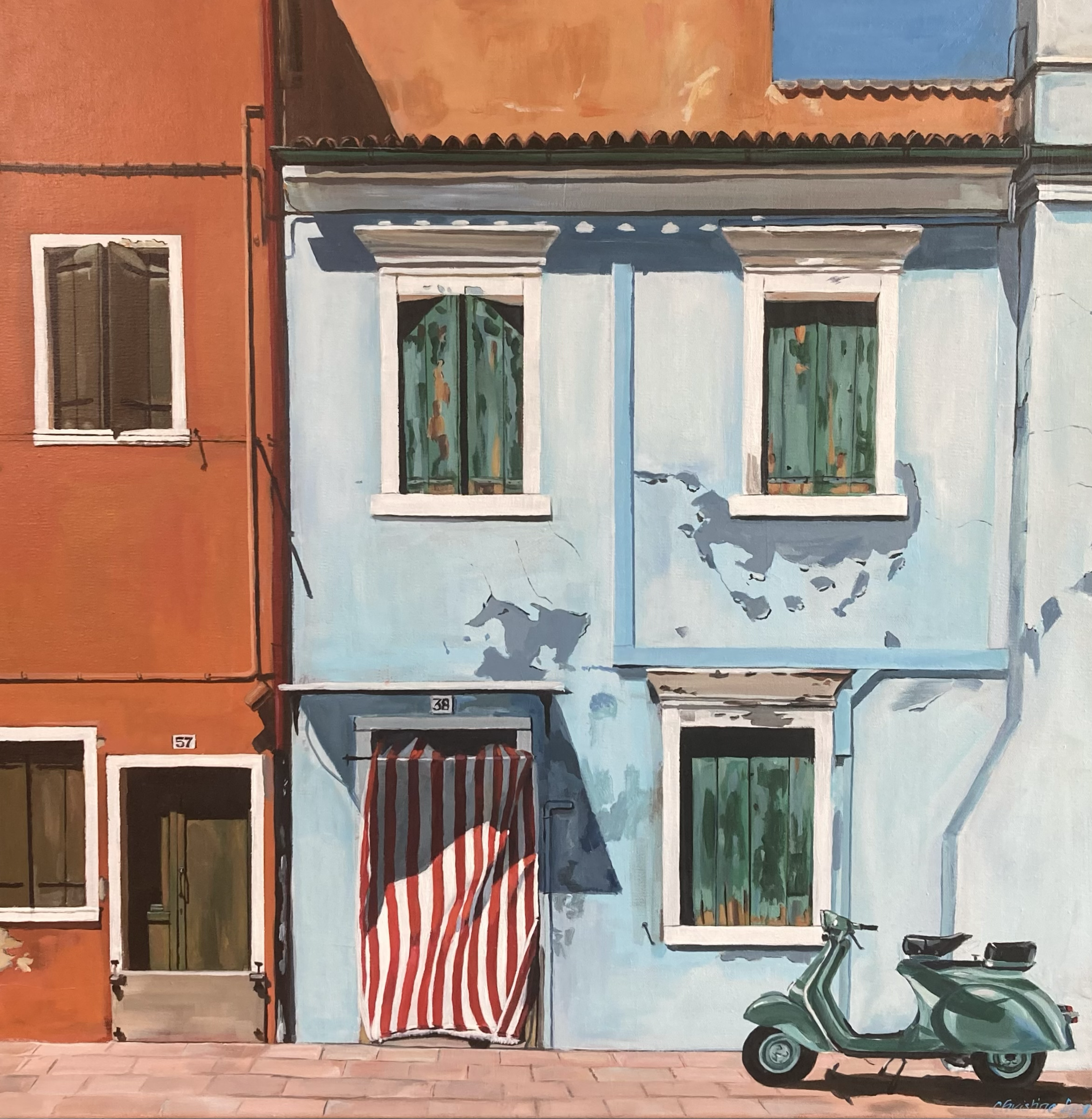 Painting of a colorful buildings facades with green windows and door, a striped awning, and a teal scooter parked on the sidewalk.