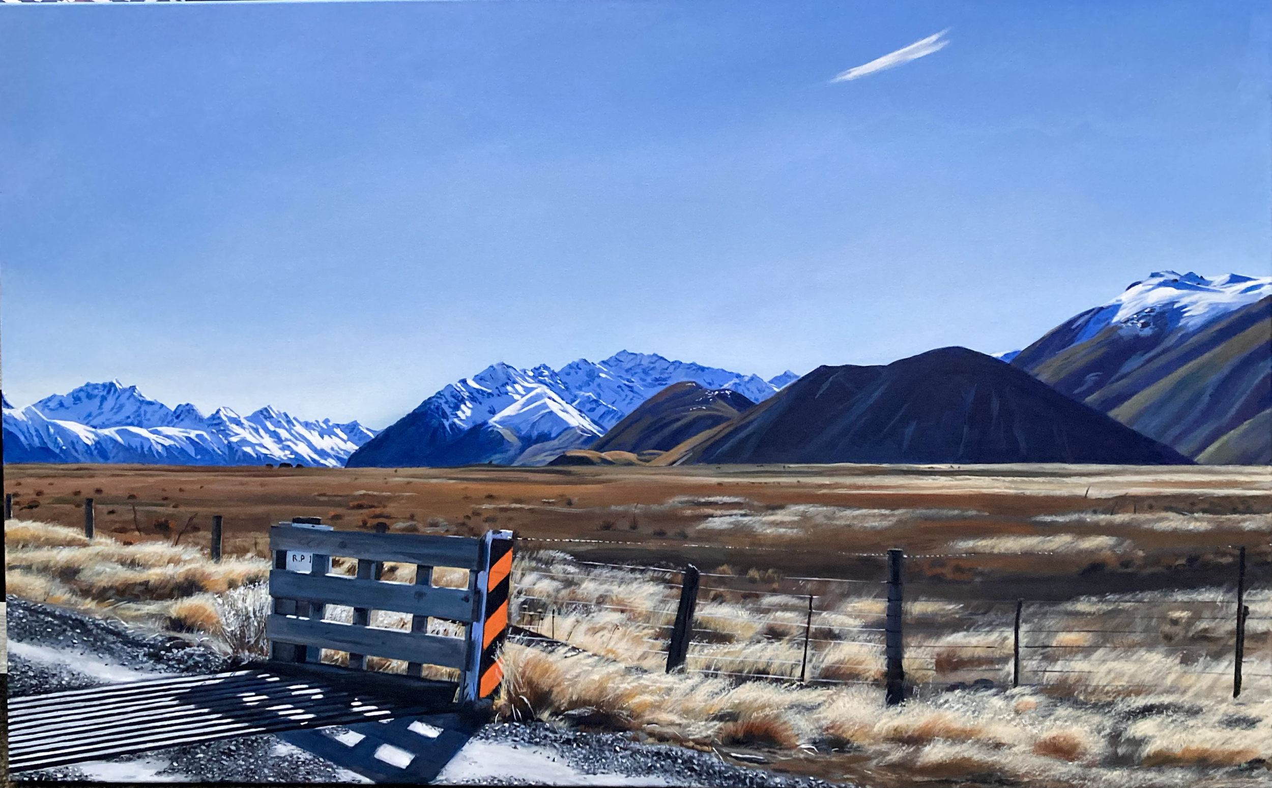 A scenic landscape of mountains with snow-capped peaks, grassy plains in the foreground, a fence, and a partly cloudy blue sky.