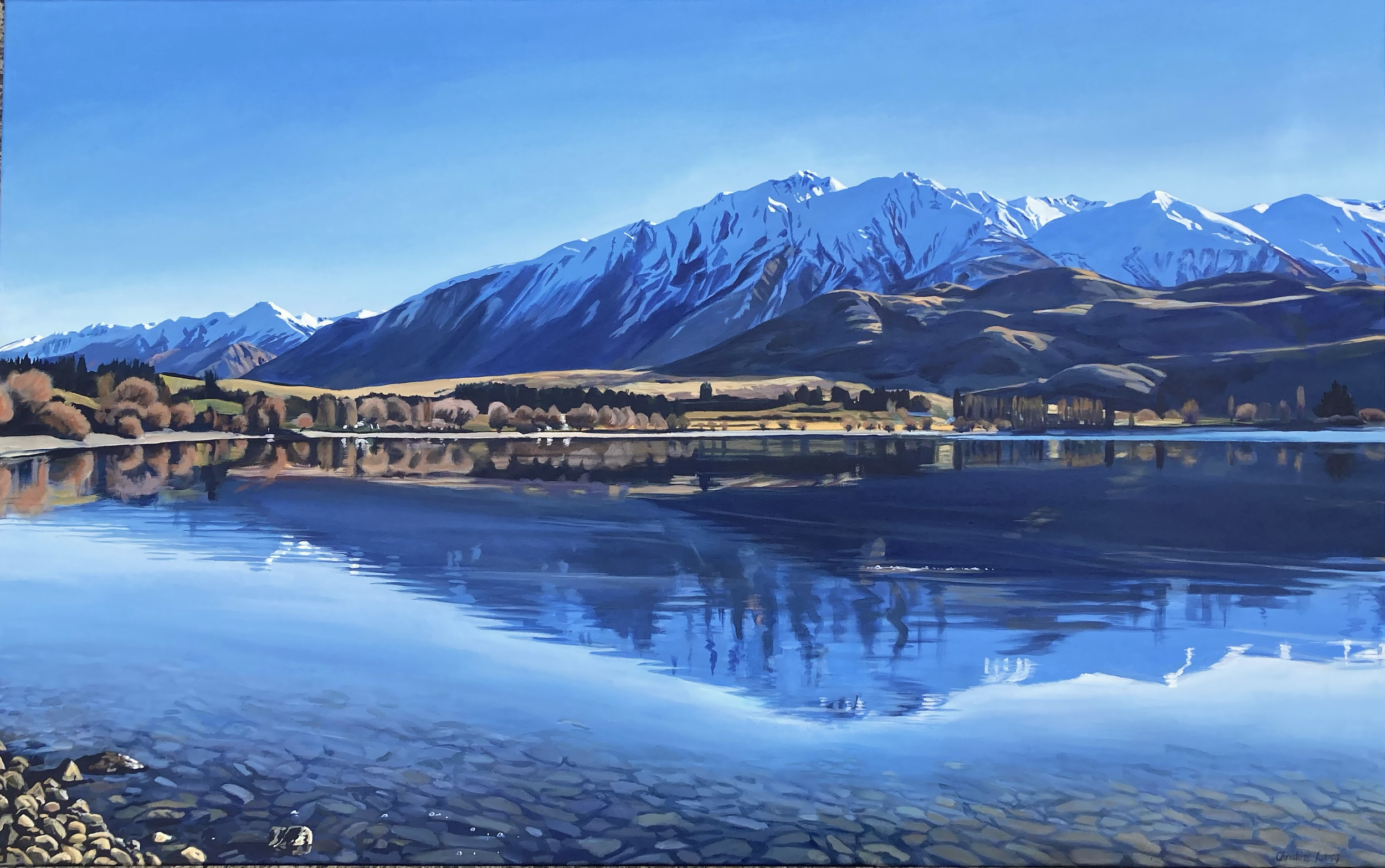 A painting of a mountain landscape with snow-capped peaks, a river reflecting the mountains, and a clear blue sky.