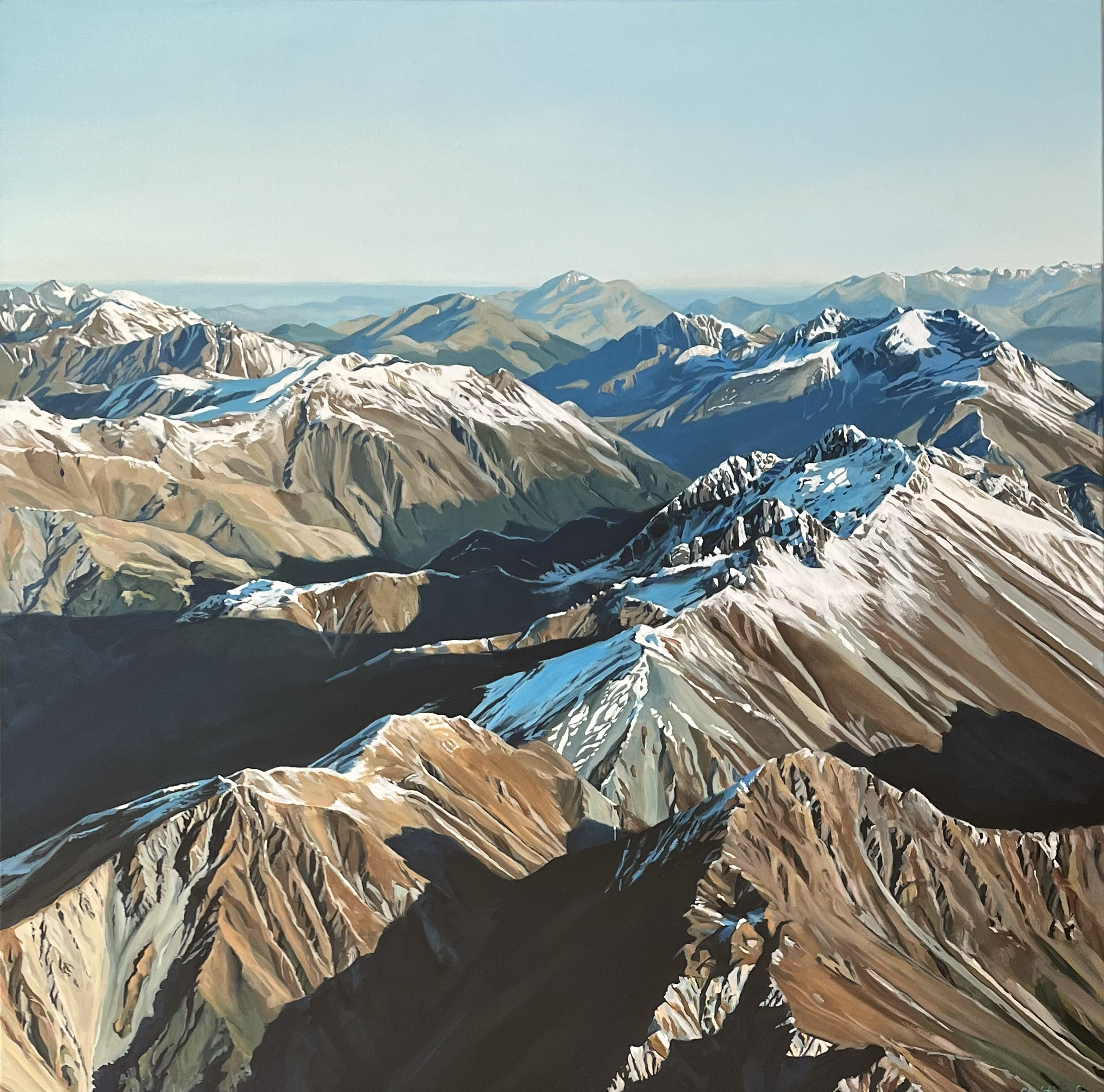 Painting of a mountain landscape with snow-capped peaks and valleys.