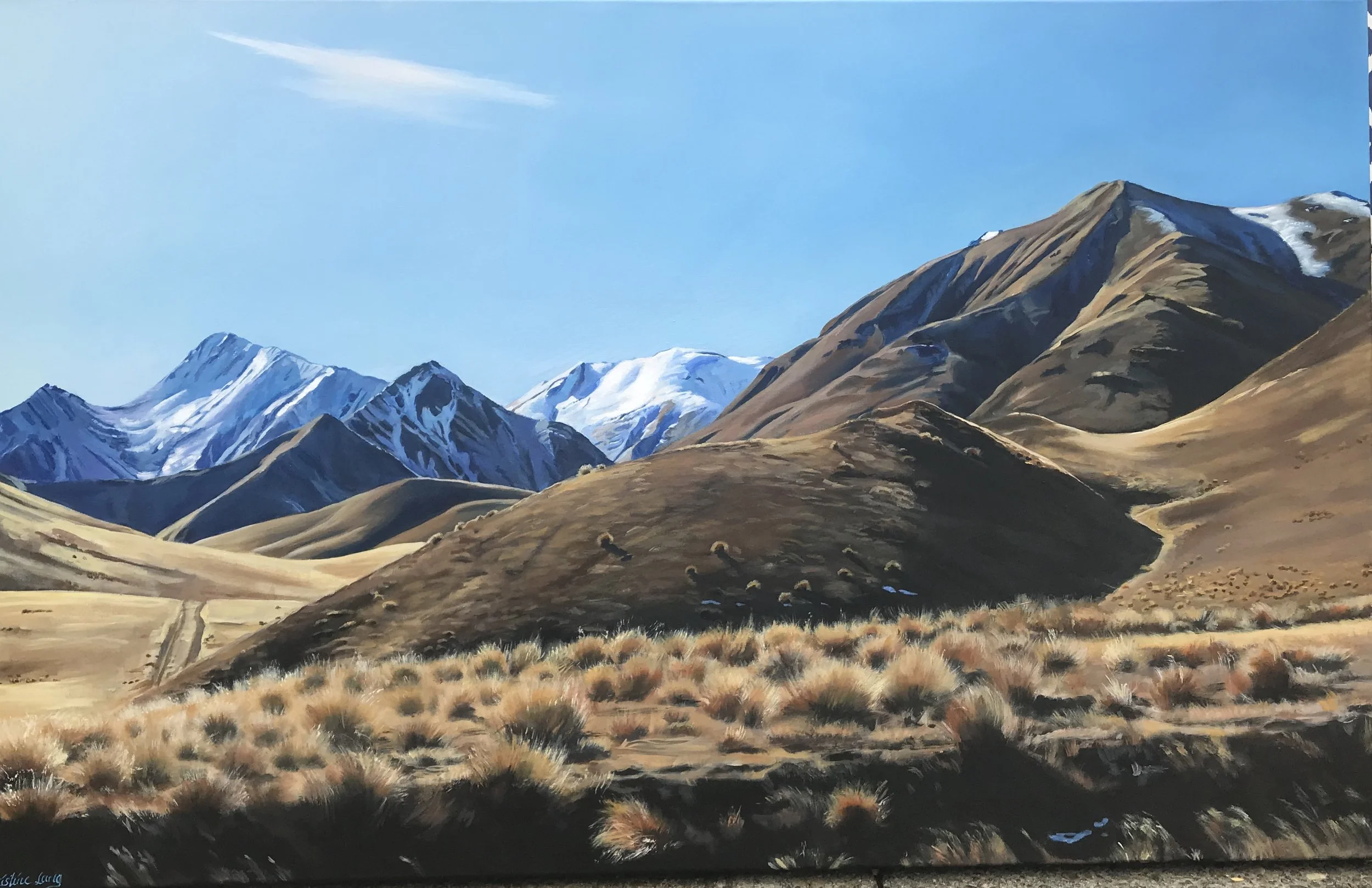 Sandy and grassy plains with brown rolling hills and snow-capped mountains in the background under a clear blue sky.