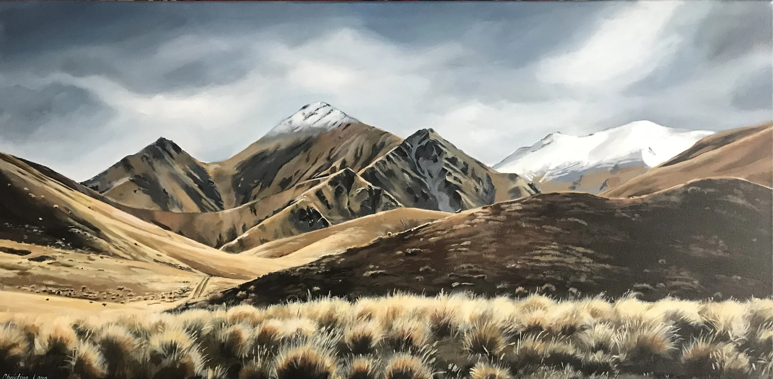 A painting of a mountainous landscape with brown, gray, and snow-capped peaks under a cloudy sky and dry grass in the foreground.