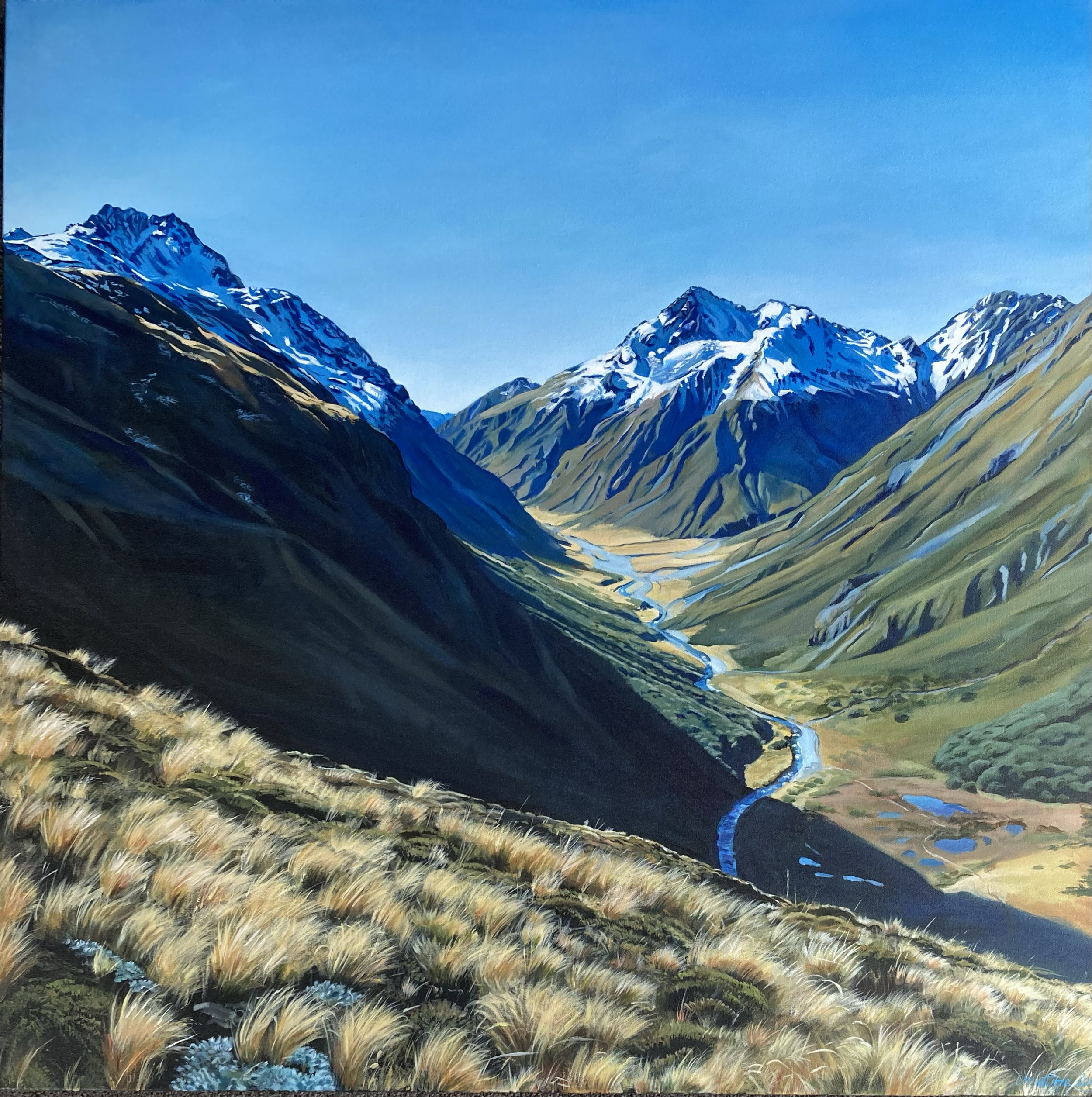 A painting of a mountain landscape with snow-capped peaks, a winding river, and grassy slopes in the foreground.