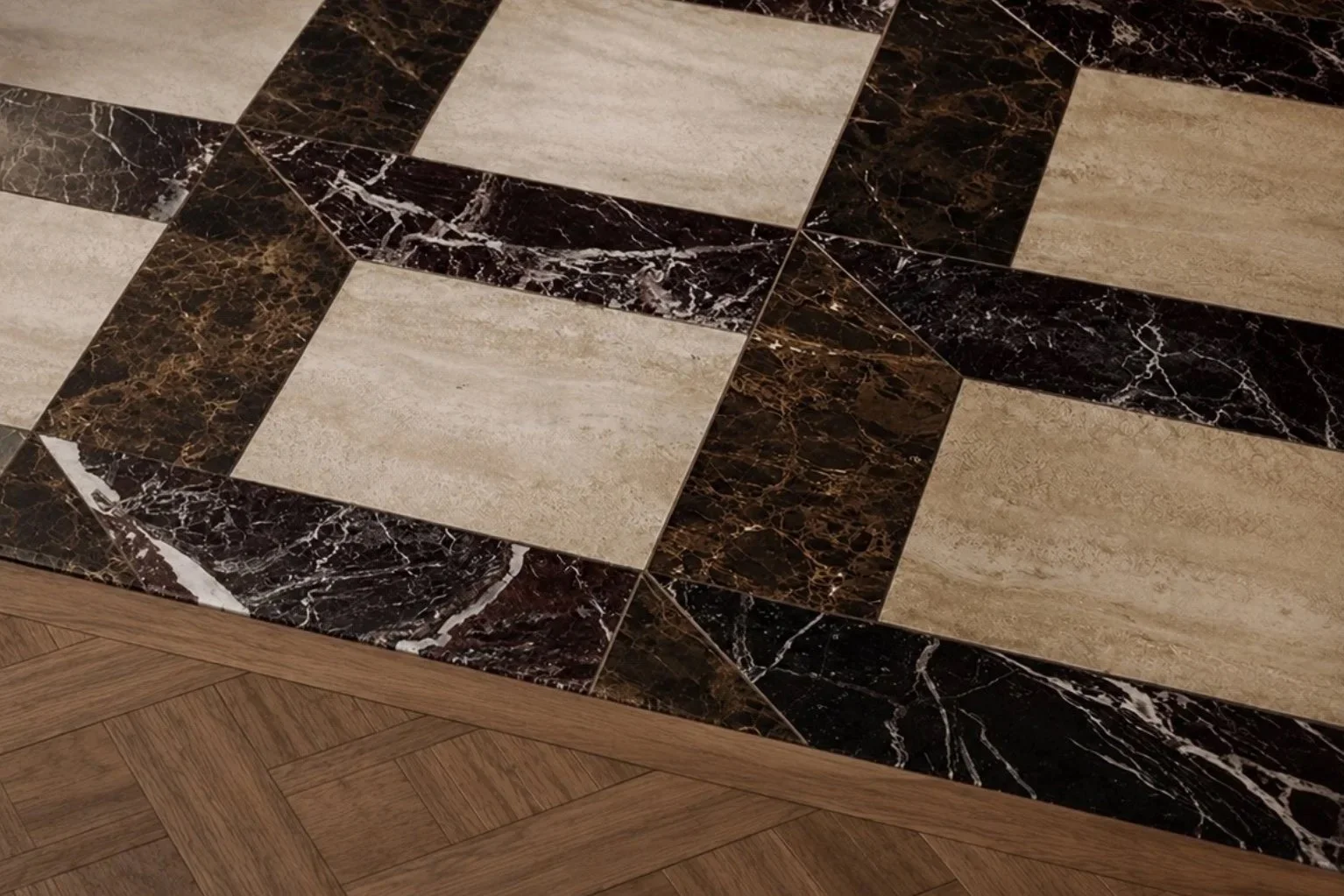 Close-up of a stone tile floor with beige and dark marble tiles, and a wooden parquet border.