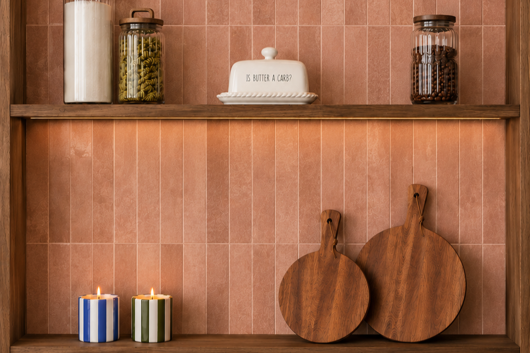 Kitchen shelf with two candles, two cutting boards, and jars of pasta, cookies, and flour against a tiled wall.