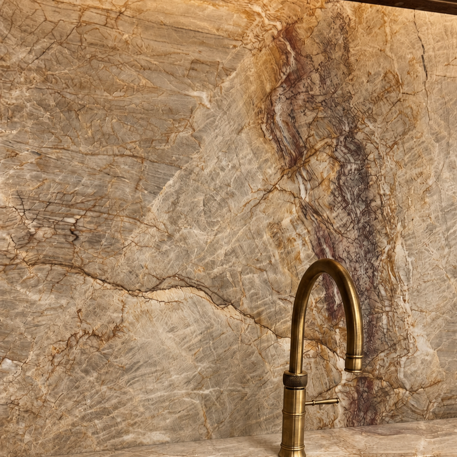 Close-up of a marble kitchen backsplash with a gold-colored faucet in the foreground.