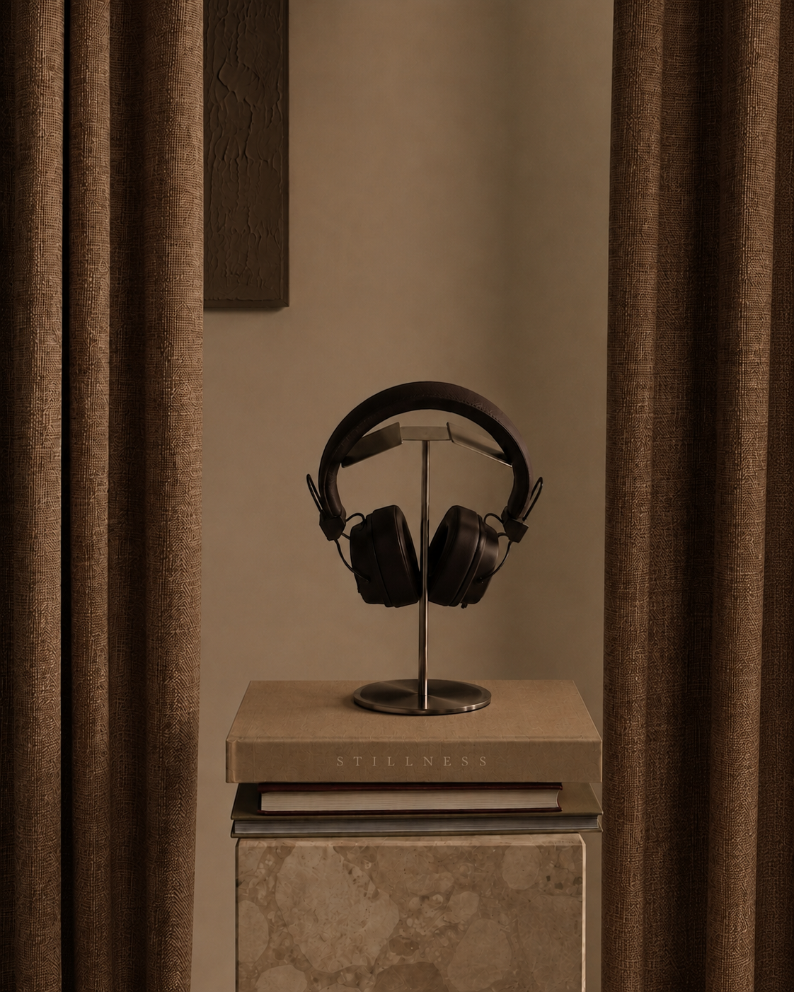 Black headphones on a stand placed on top of a beige box labeled 'Stillness,' with a textured marble surface below. Brown curtains frame the scene, and a textured picture is partially visible on the wall in the background.