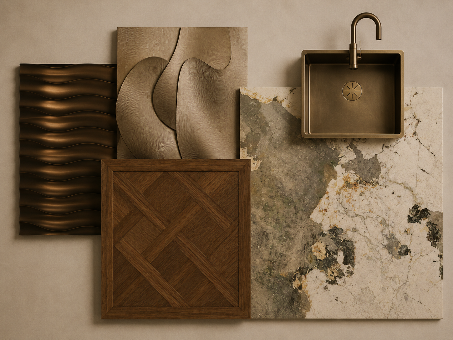 Arrangement of various textured and colored stone, wood, and metal surfaces viewed from above, including a dark metal sink with a faucet, and layered decorative panels.