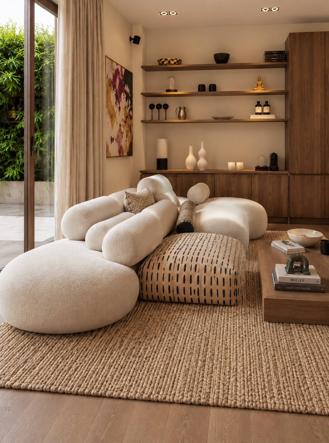 Living room with white rounded sofa, patterned ottoman, wooden coffee table with books and decor, built-in wooden shelves holding vases, candles, and decorative objects, large window with curtains, and lush greenery outside.