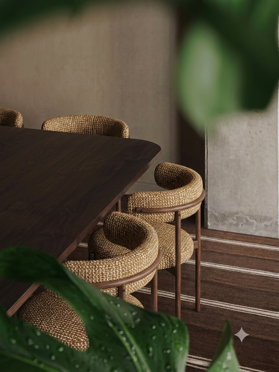 A dark wooden dining table with six woven beige chairs in a room with a textured wall and a striped wooden floor, partially obscured by green leaves in the foreground.