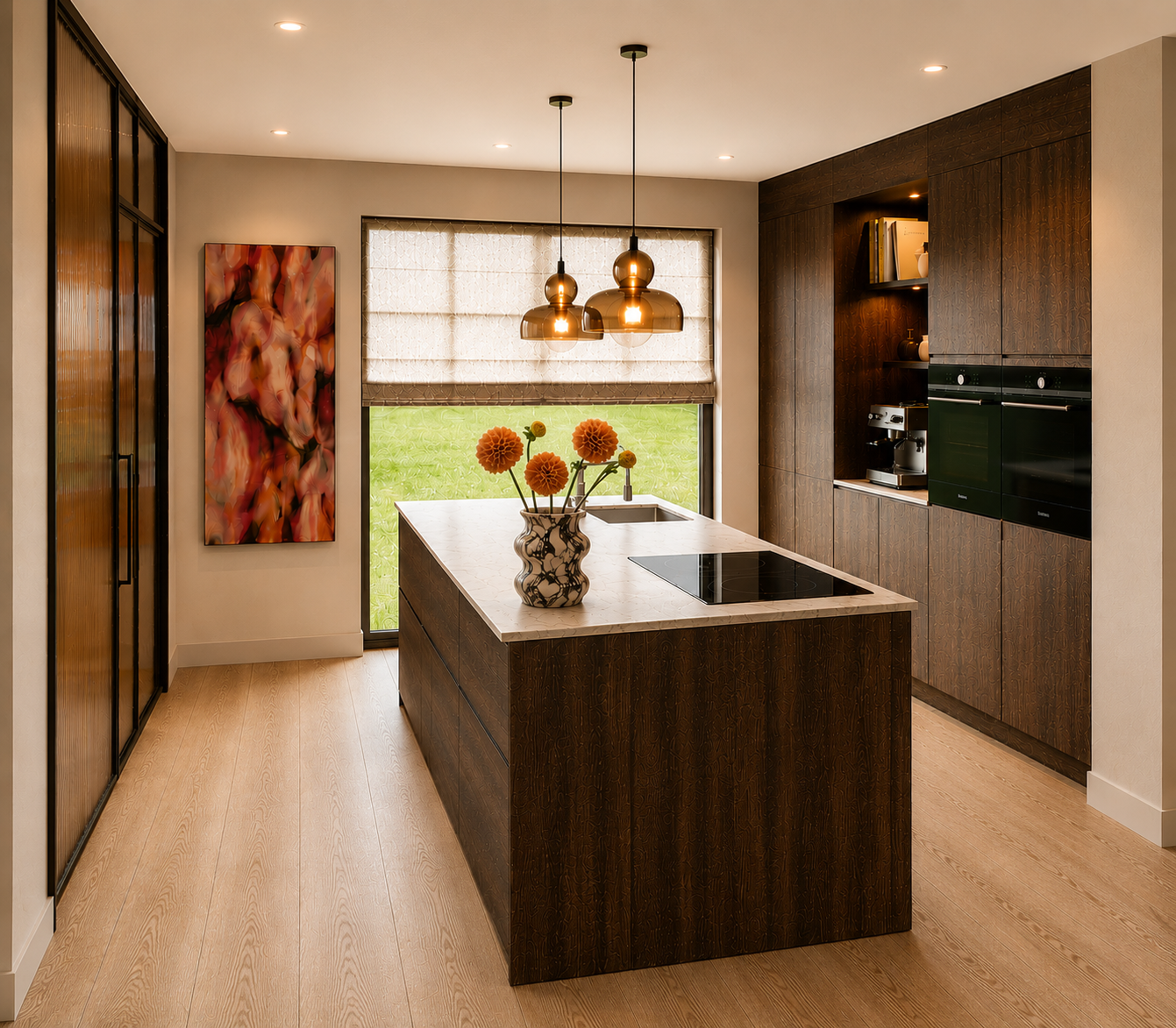 Modern kitchen with dark wood cabinets, a white marble island with a vase of orange flowers, pendant lighting, a window with beige blinds, and a colorful abstract painting on the wall.