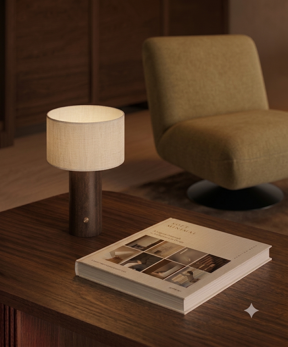 A wooden table with a beige lampshade on a dark wooden base, a thick closed book titled 'A COMPANION' with images and text, and a green upholstered armchair in a warmly lit room.