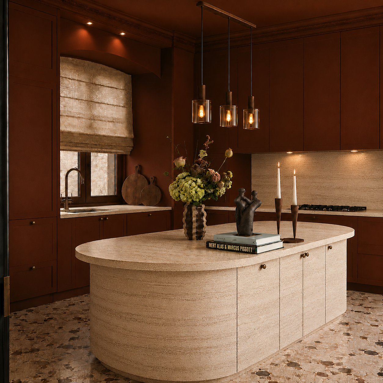 Elegant kitchen with dark wood cabinets, a central cream-colored island, pendant lights, a window with a Roman shade, decorative items, and a mosaic tile floor.
