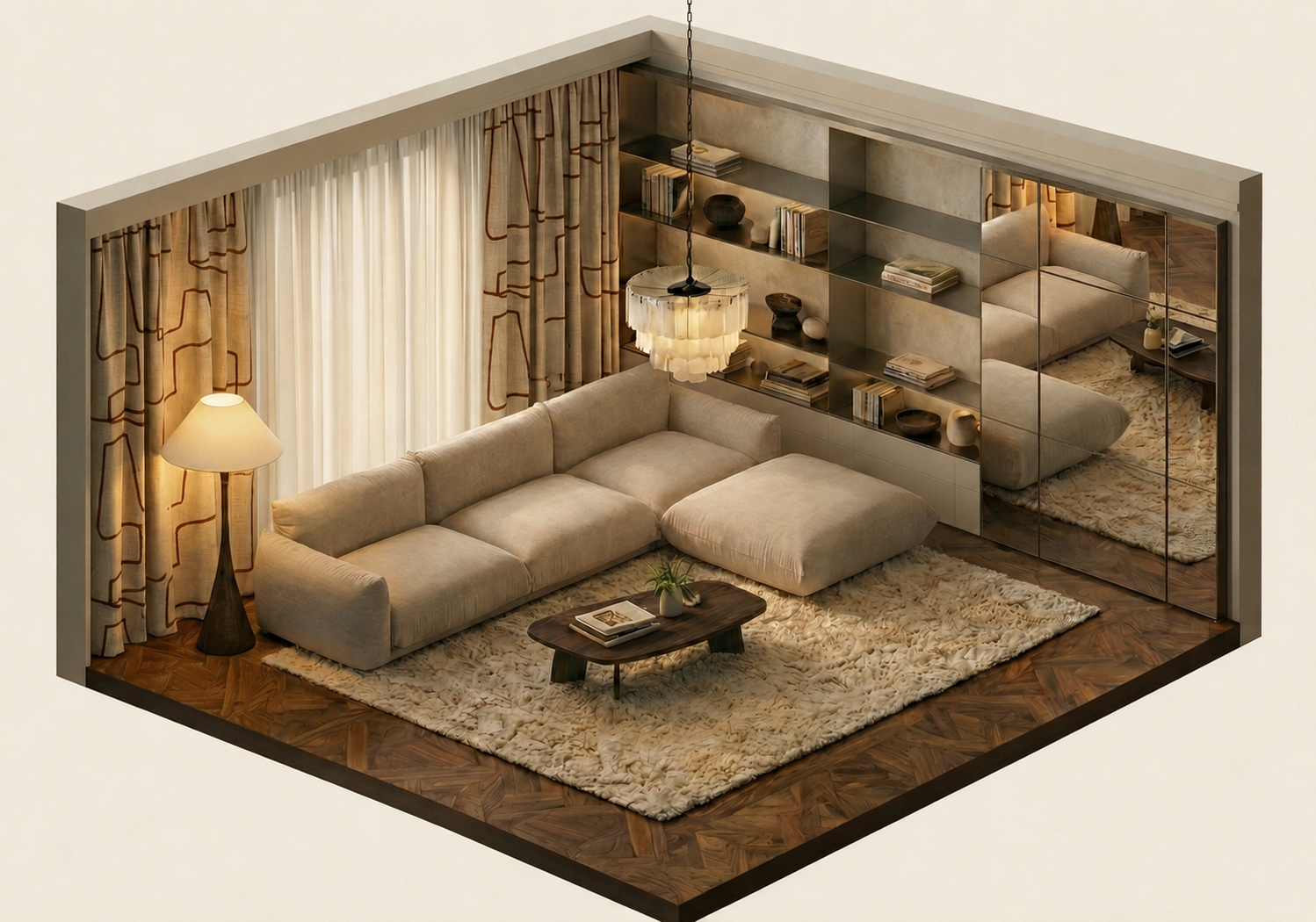 Living room with beige sofa, floor lamp, wall-to-wall mirror, bookshelf with decorative items, beige curtains, coffee table with books and plant, plush rug, and pendant light.