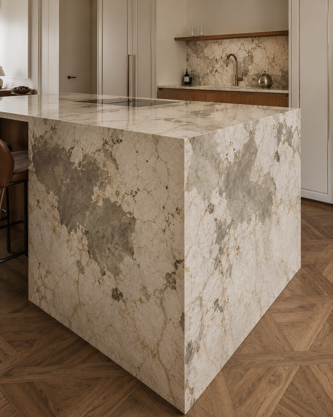 Kitchen island made of marble with beige and gray tones, in a modern kitchen with wooden shelves and a marble backsplash.