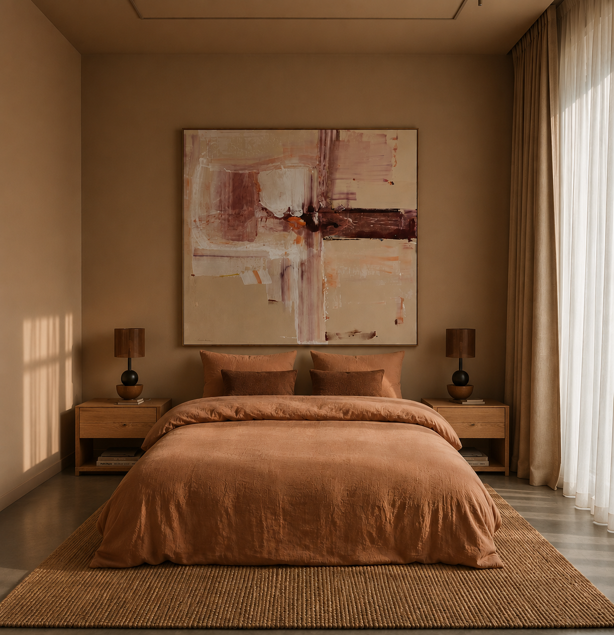 A bedroom with a bed dressed in peach-colored bedding and pillows. There are two wooden nightstands with lamps on each side of the bed. Above the bed hangs an abstract painting with shades of pink, beige, and dark brown. Natural light streams in through a window with beige curtains on the right.