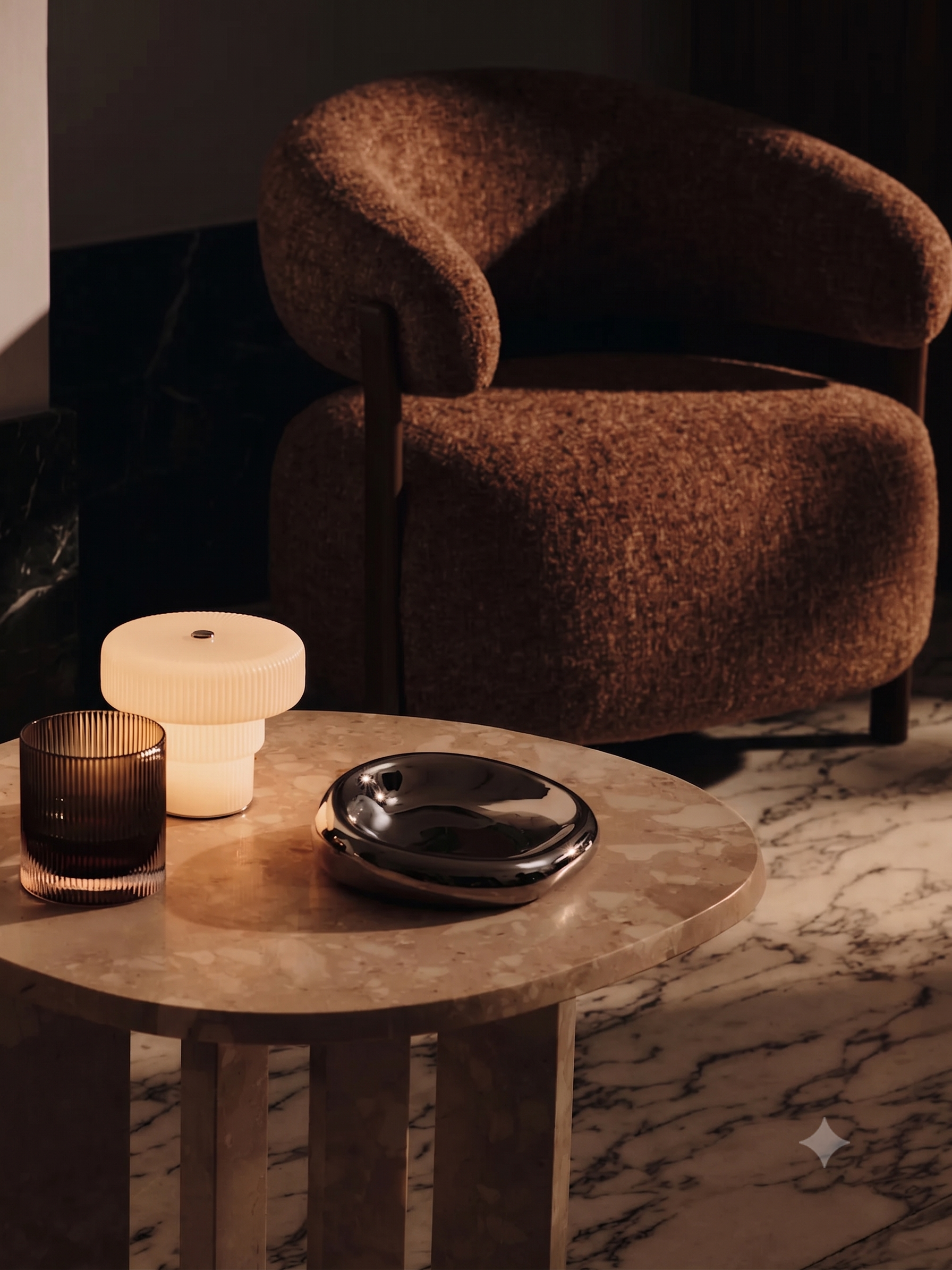 A cozy living room corner with a textured armchair, a marble-top coffee table, and decorative candles on a marble floor.