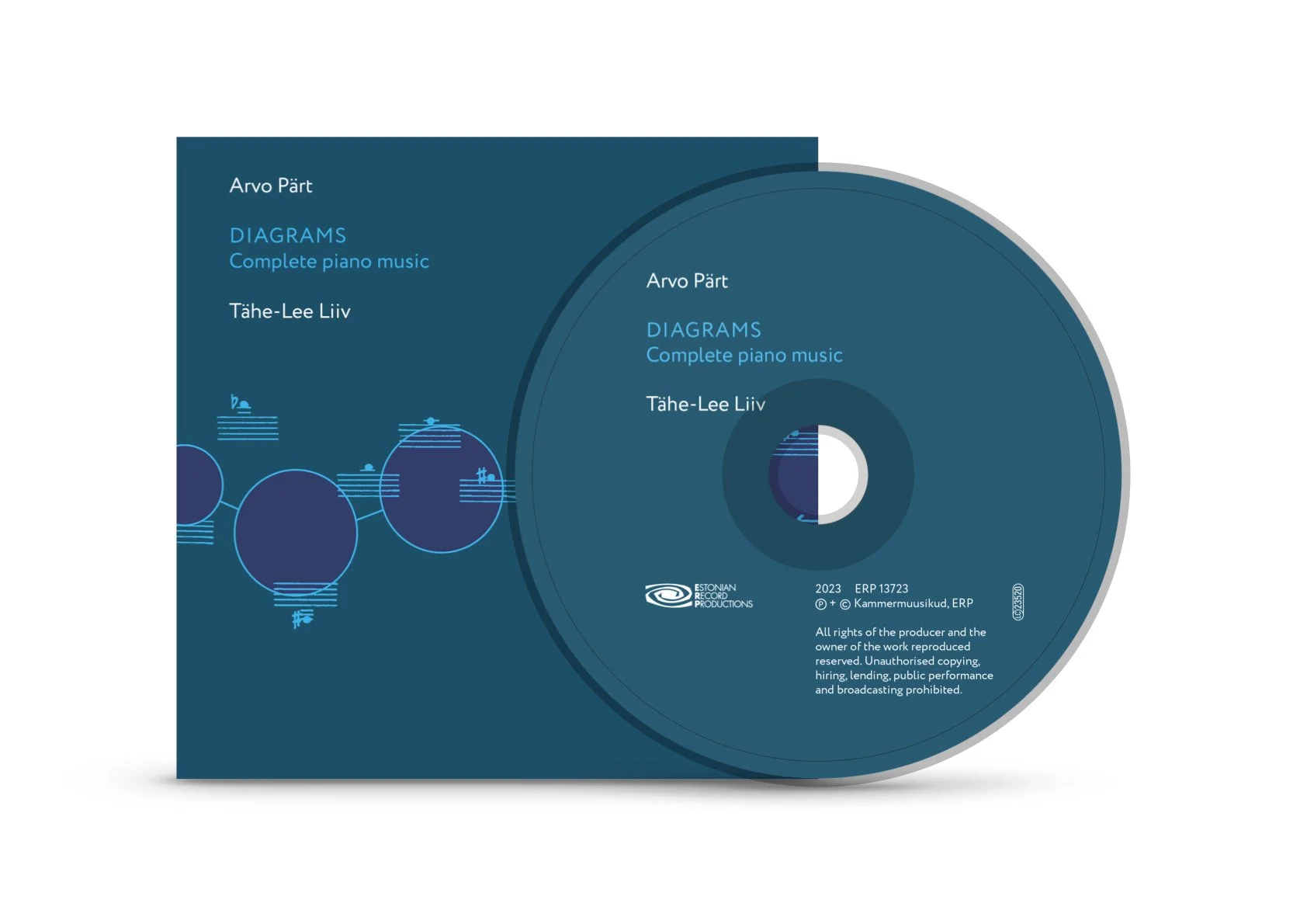 CD and its case featuring a blue cover with abstract circle designs, titled 'Diagrams,' and includes text about composers Arvo Pärt and Tähe-Lee Liiv, production information, and copyright details.