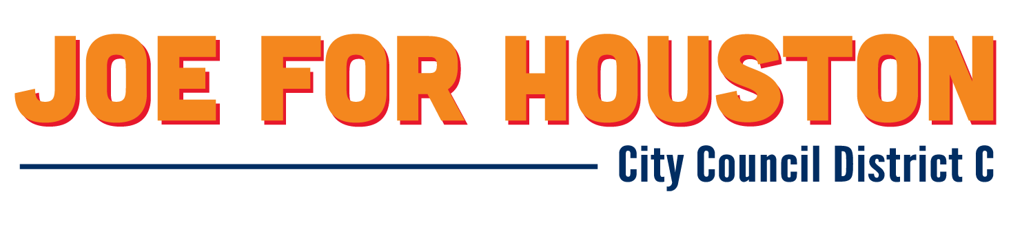 Logo for Joe for Houston City Council District C, with the candidate's name in large orange and yellow text and district information in smaller blue text.