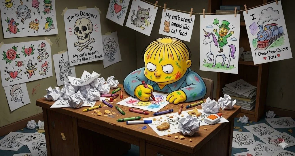 A cartoon illustration of a young boy with yellow skin, green paint on his face, and messy clothes, sitting at a cluttered desk covered with crumpled papers, crayons, and cookies. Behind him, a string of drawings with various characters and phrases, including a skull with the text "I'm in Danger!" and a cat's breath smelling like cat food. There are stacks of papers on a shelf to the right. The boy appears upset and focused on drawing.