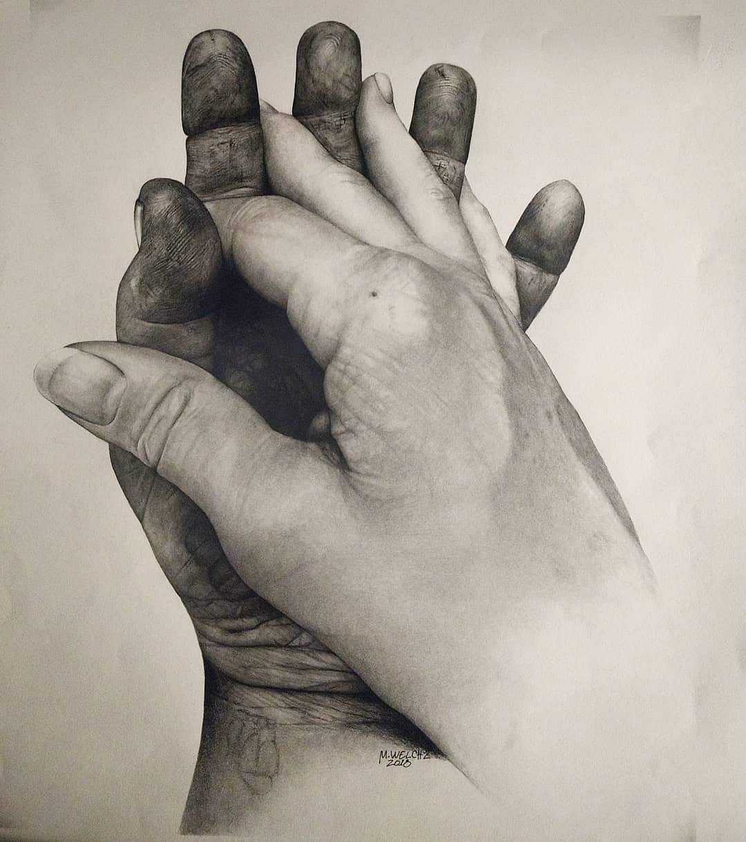 A realistic pencil drawing of two hands clasped together, one with darker skin and the other with lighter skin, showing detailed textures and shadows.