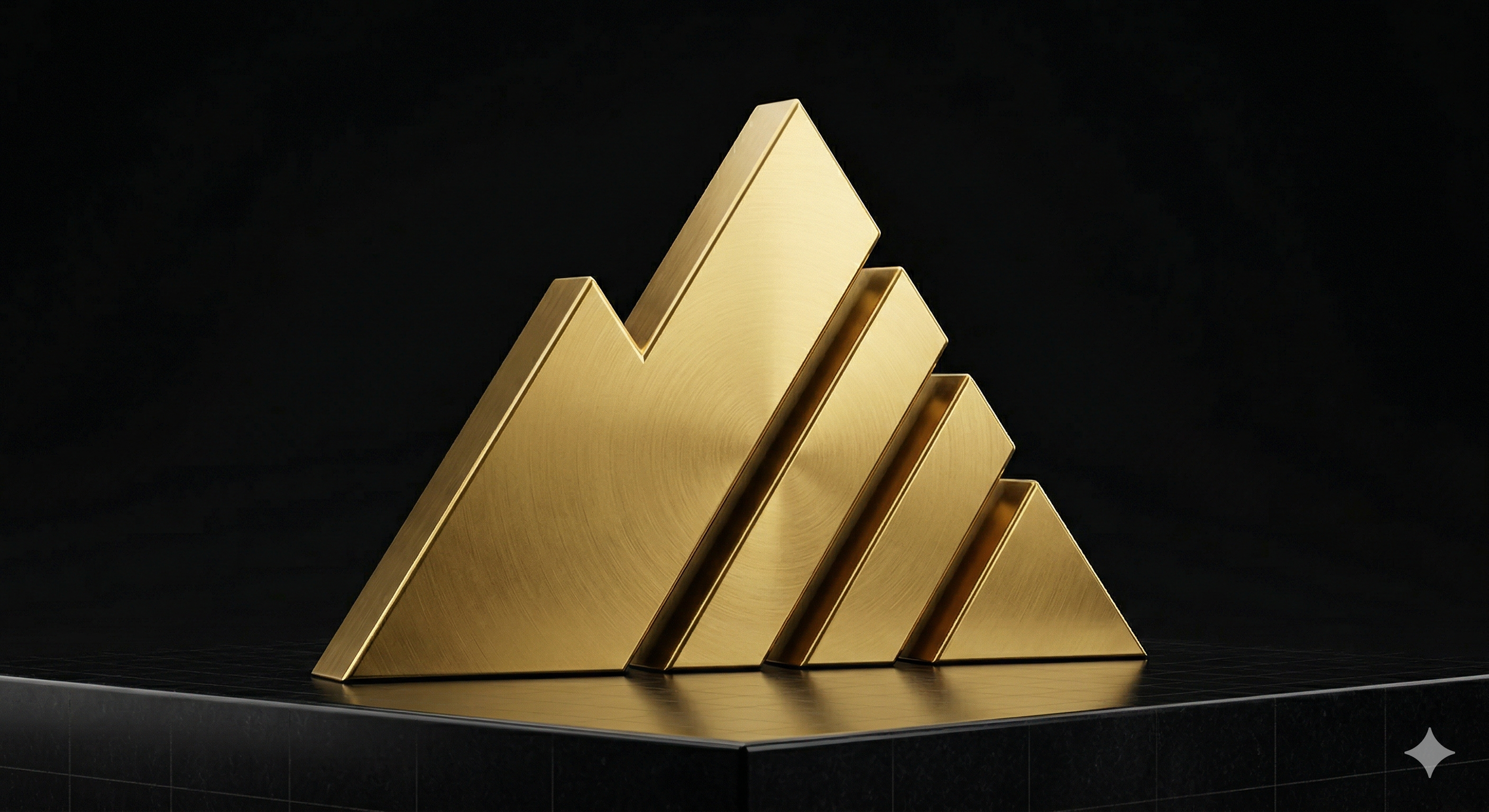 A gold-colored, geometric sculpture consisting of five rectangular panels of varying heights, arranged in a staggered formation on a black surface with a dark background.