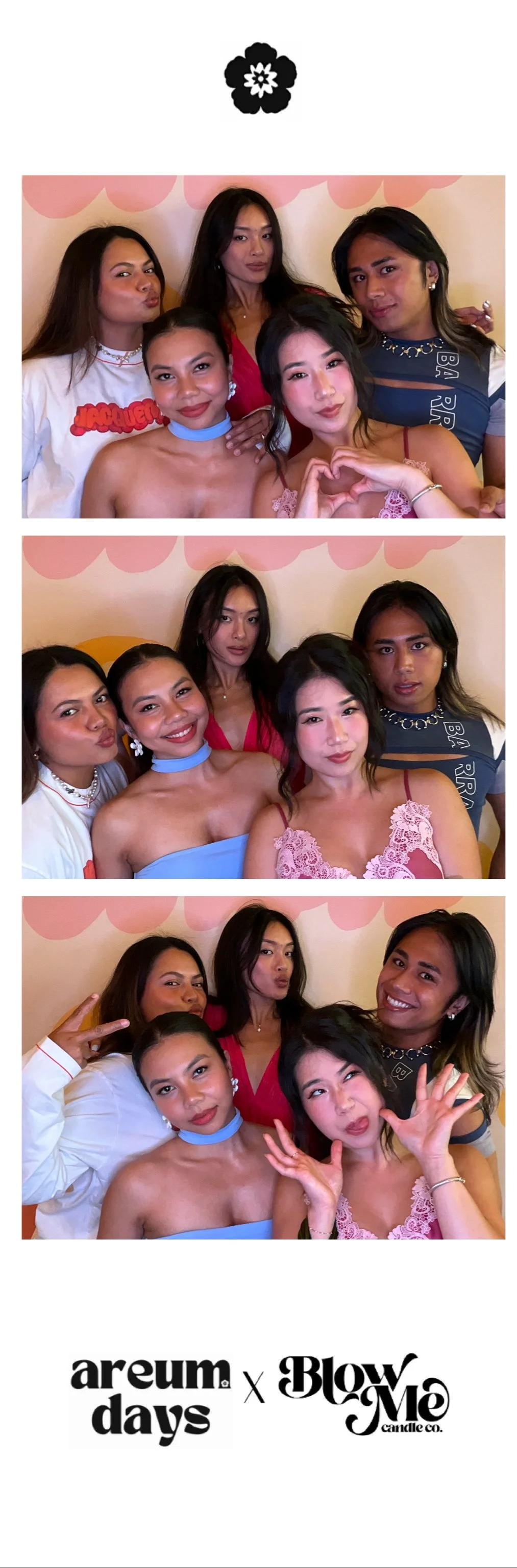 Photo strip of four women posing together at an event with a pink and yellow background, with logos for 'areum.days' and 'BlowMe Candle Co.' at the bottom.