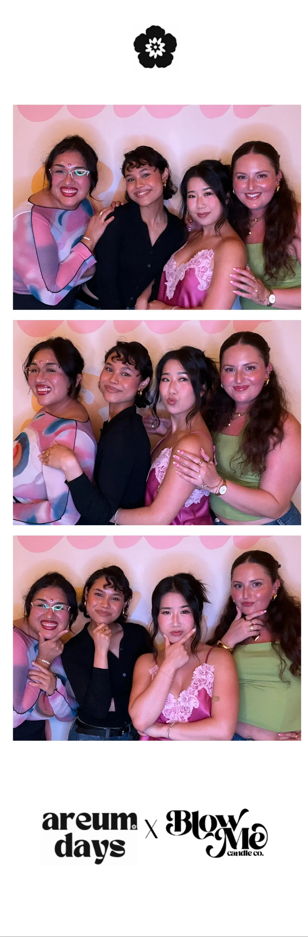 Three women smiling and posing for photos at a social event, with a pink and soft-colored backdrop. The bottom of the image shows the logos of Areum Days and Blow Me Candle Co.