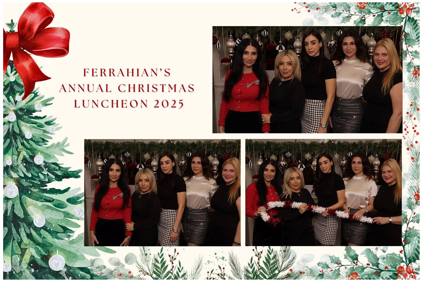 Group of five women dressed in holiday attire attending Ferrahian's Annual Christmas Luncheon 2025, with Christmas decorations and ornaments in the background.