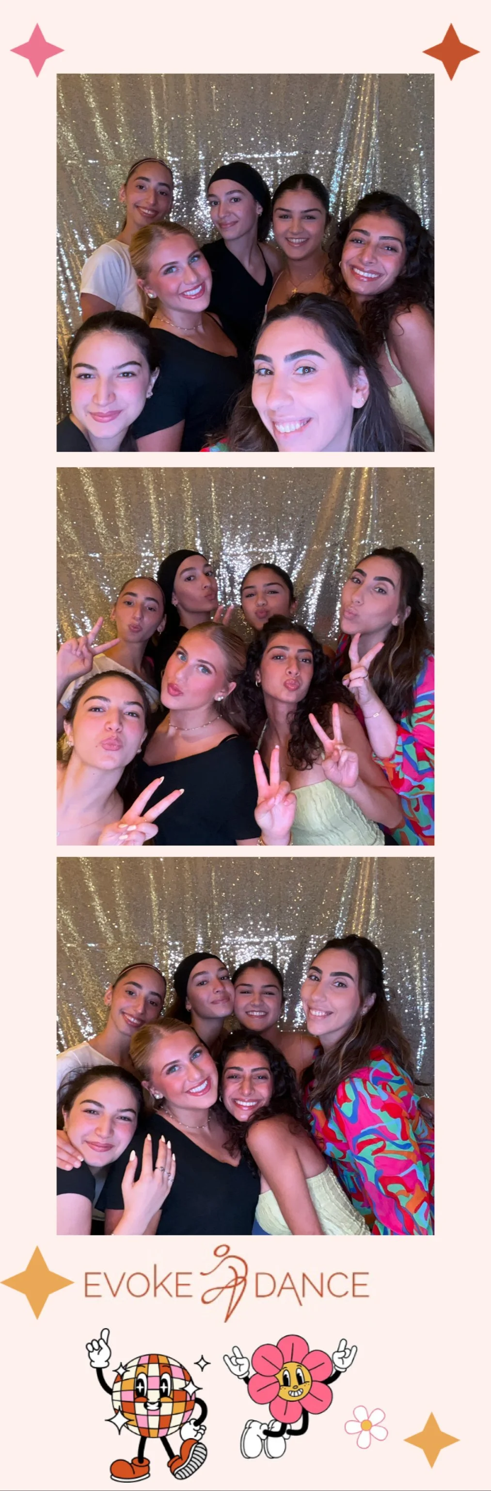Photo booth strip featuring six women at a dance event, posing and making fun faces in front of a sparkly gold backdrop. The bottom banner reads 'Evoke Dance' with animated cartoon characters, a disco ball, and a pink flower.