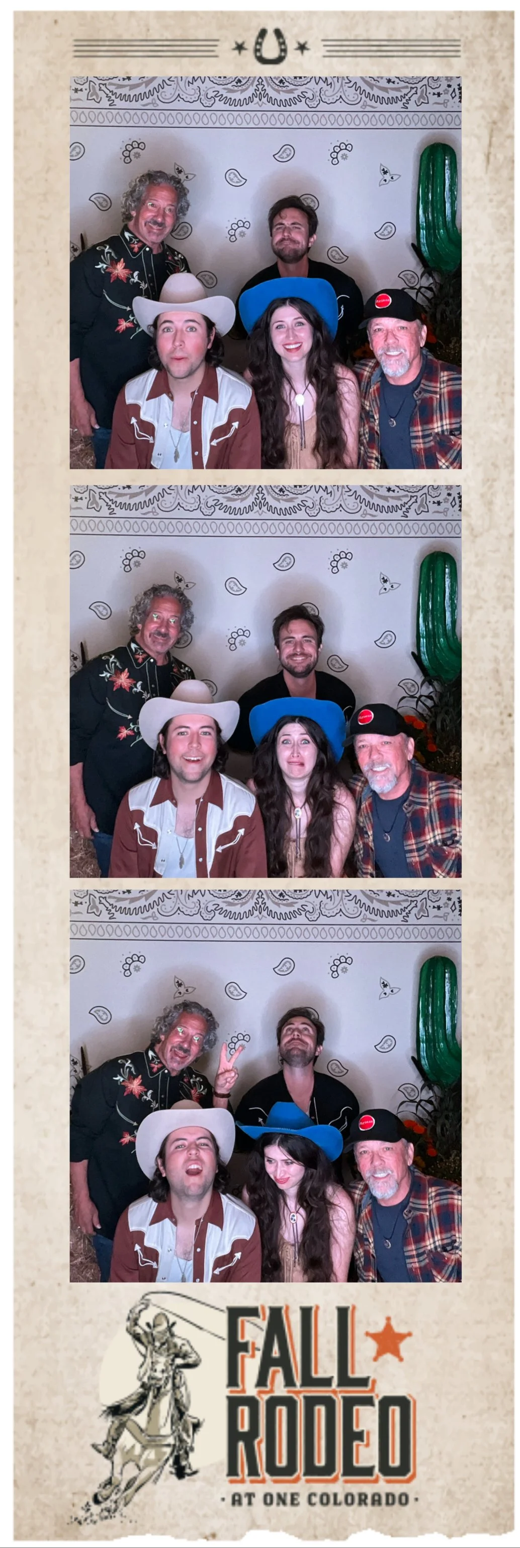 Group of five people in Western-themed costumes posing in a photo booth with backdrop and fall rodeo branding.