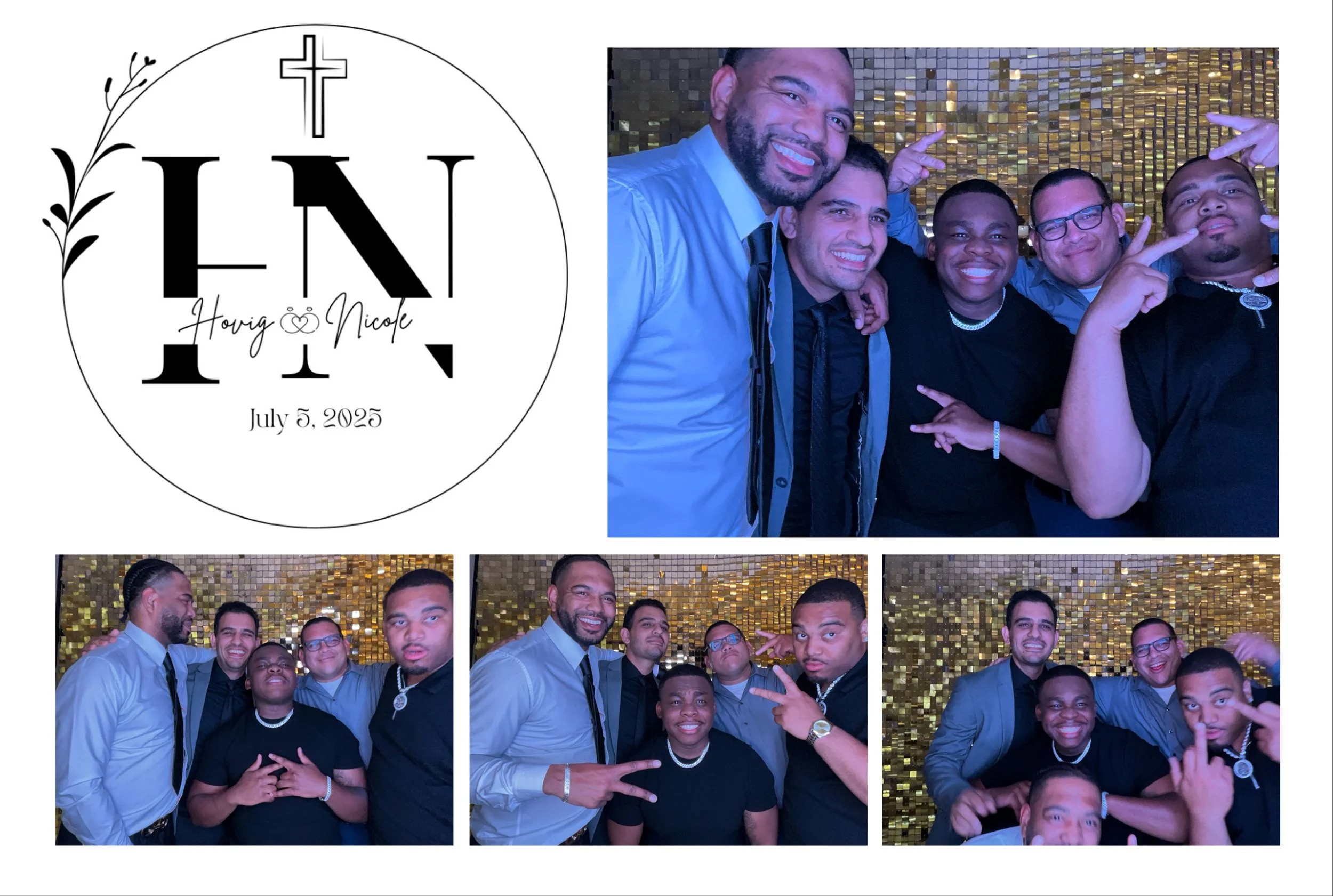 Collage featuring a logo and five group photos from a celebration event. The logo on the top left has a cross, the names Hovig and Nicole, and the date July 5, 2025. The group photos show five men dressed in formal and semi-formal attire, smiling and