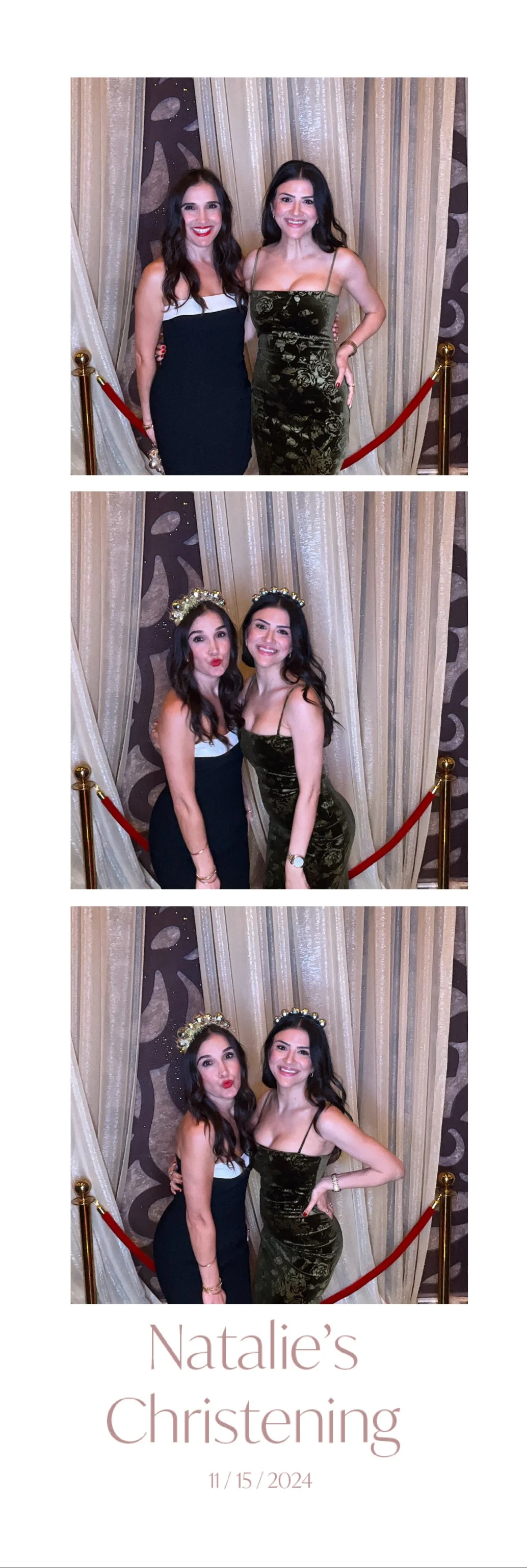 Three women at Natalie’s Christening in a photo booth with a backdrop of curtains, wearing dresses, with the event date 11/15/2024 written below.