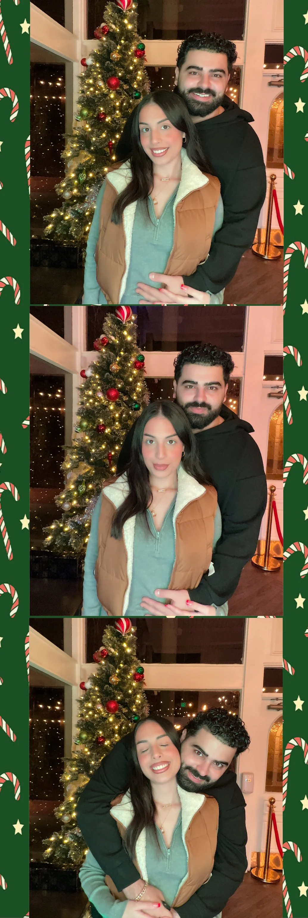 A series of three photos of a young woman and a man standing in front of a decorated Christmas tree. The woman has long dark hair, is wearing a light green top with a tan vest, and the man has curly dark hair and a beard, wearing a black hoodie. In t