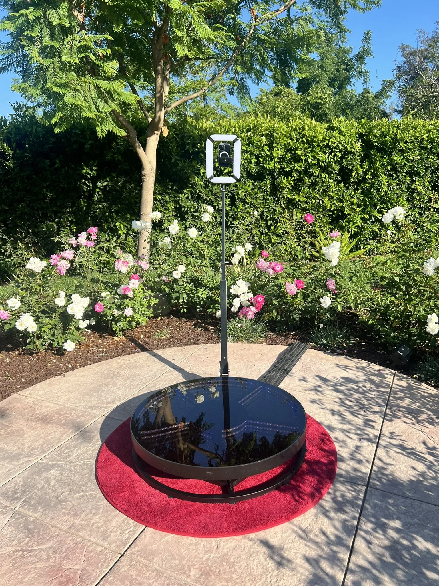 A reflective black circular platform with a mounted upright device in the center, placed on a red circular rug outdoors, surrounded by flowering plants and trees, with a bright blue sky in the background.