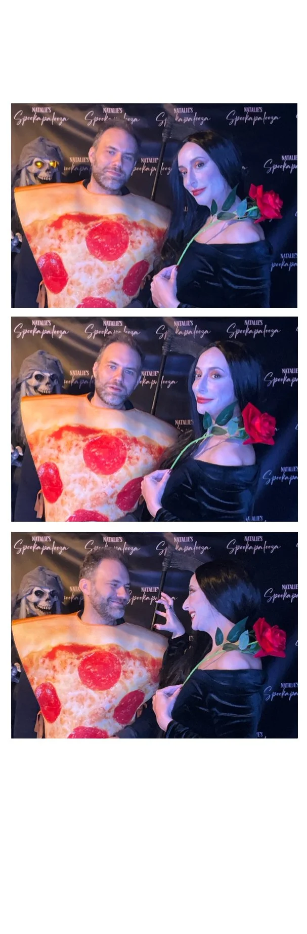 Three photos of two people at a themed event with a spooky background. The man is wearing a pizza costume, and the woman is holding a red rose and a black umbrella. In the background, there is a skeleton decoration.