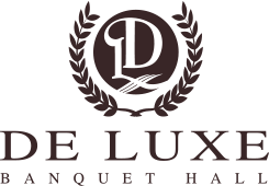 Logo for De Luxe Banquet Hall featuring a stylized letter 'D' surrounded by a laurel wreath.